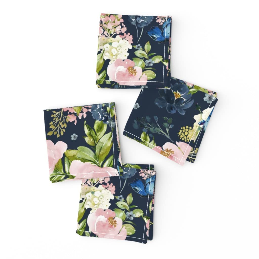 Premium Linen Cotton Canvas Cocktail Napkins Set of 4 - Indigo Pink Floral Bouquet with Boho Butterflies & Watercolor Print | Elegant Drink Napkins for Parties, Weddings, and Home Decor