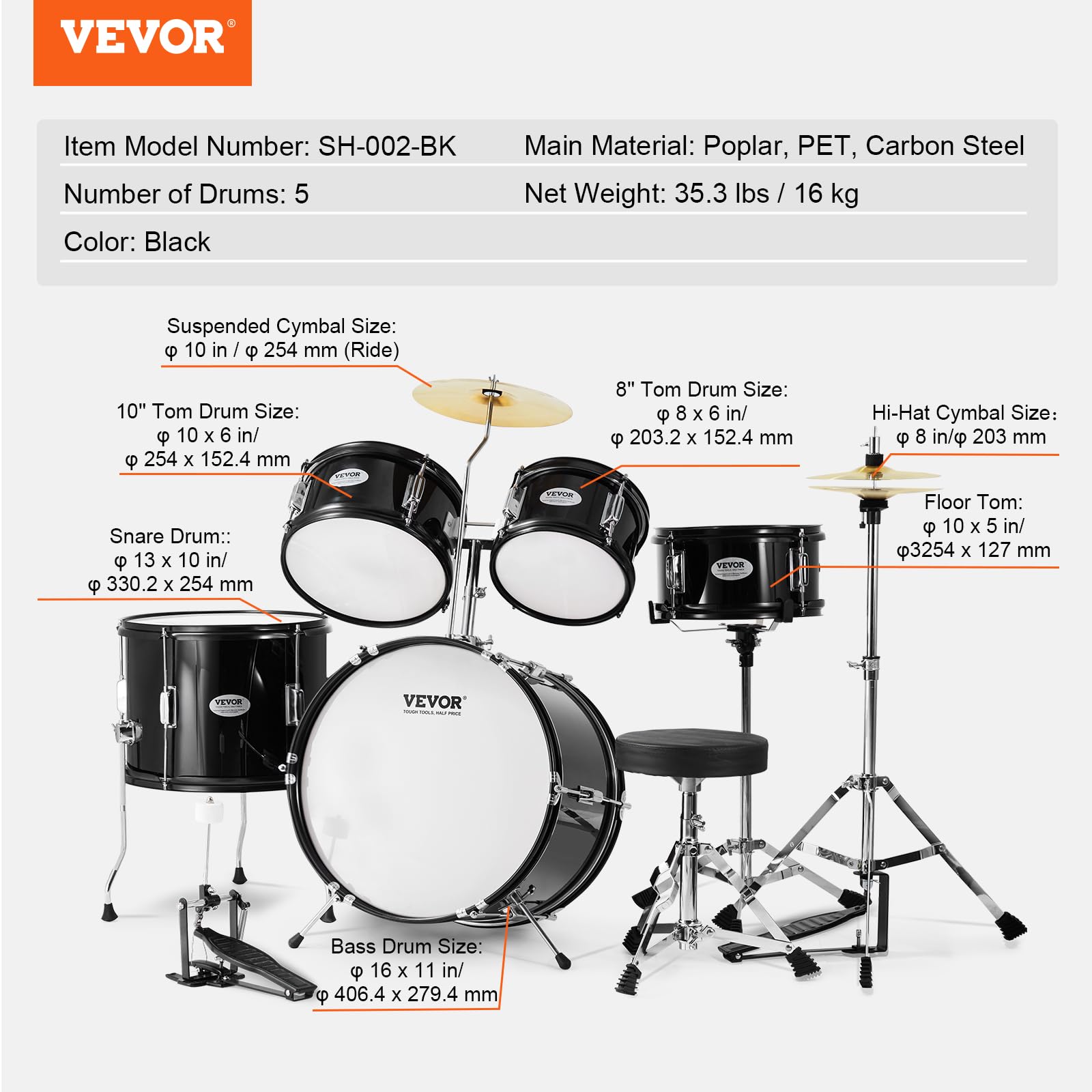 VEVOR 5-Piece Kids Drum Set - 16 Inch Beginner Youth Drum Kit with Bass Drum, Toms, Snare, Floor Drum, Adjustable Throne, Cymbal, Hi-Hat Pedal & 2 Pairs Drumsticks - Perfect Starter Drum Set for Children - Black | Ideal for Home Practice, Music Lessons & Kids' Birthday Gifts