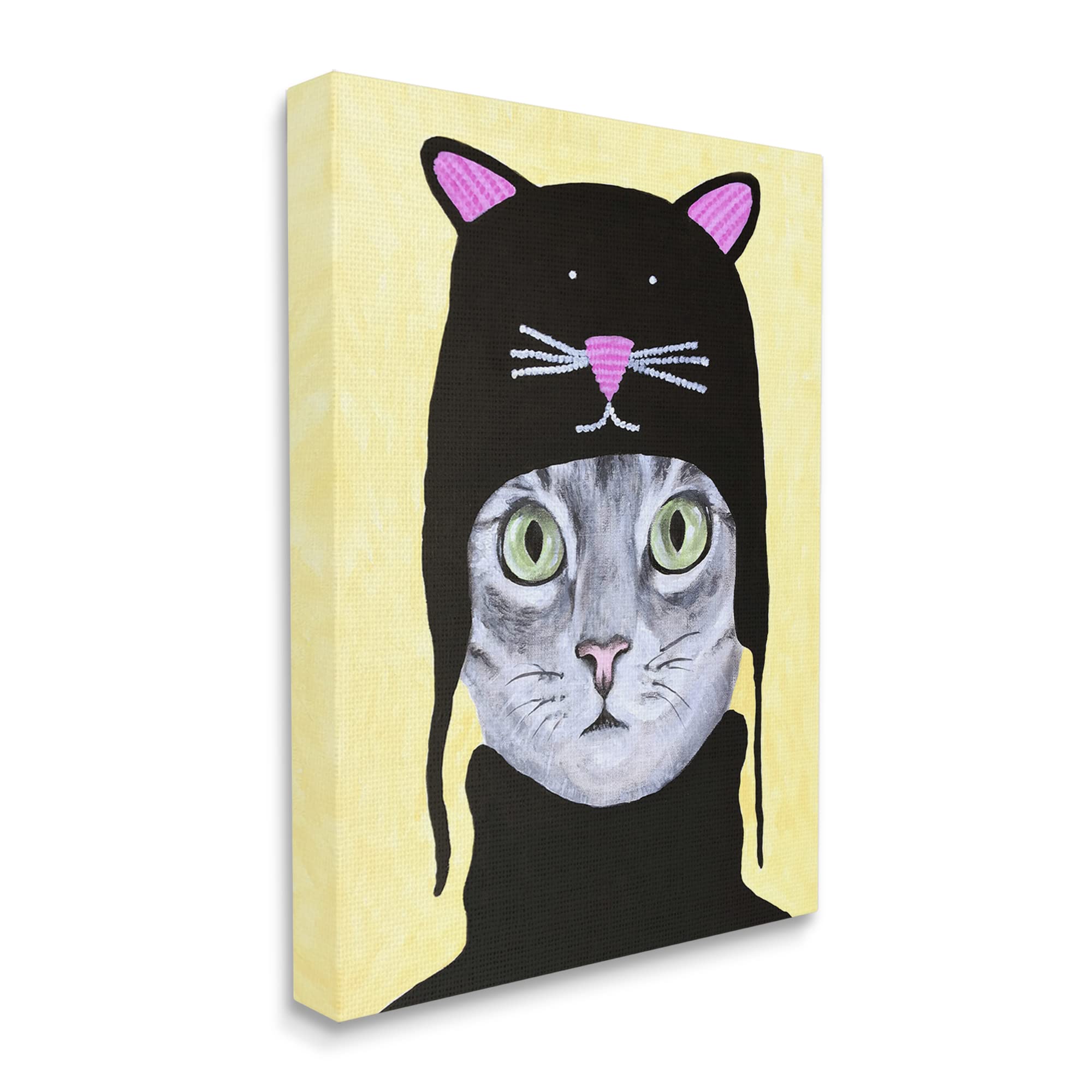 Stupell Industries Cute Grey Cat in Hat & Black Turtleneck Art Print - Yellow Background by Coco de Paris - Perfect for Living Room, Bedroom & Office Decor