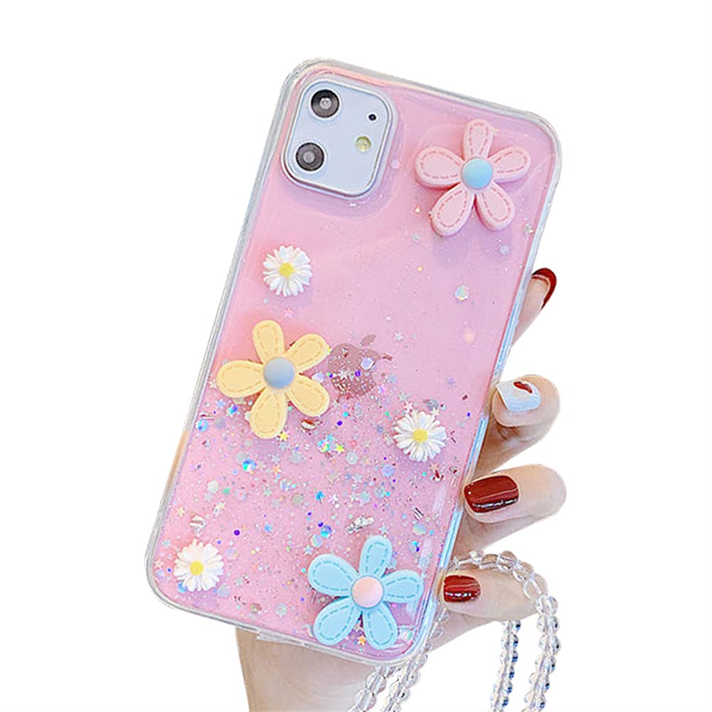 **3D Crystal Glitter Floral Phone Case for Samsung Galaxy A71 4G – Clear Soft TPU Shockproof Cover with Diamond Wrist Strap, Cute Protective Case for Women & Girls (Pink) – Perfect for Everyday Use, Parties & Gifts**