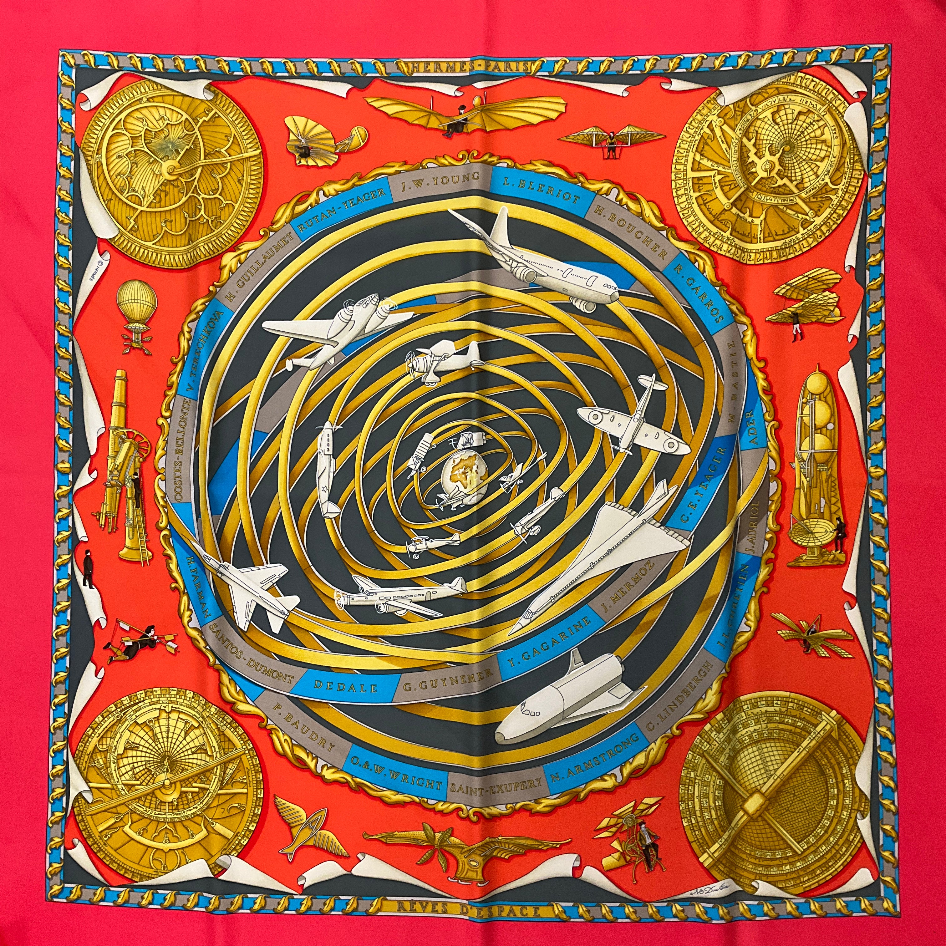Hermes Red Multi Reves d’Espace Aircraft Print Square Silk Twill Scarf - Luxury Fashion Accessory for Women, Perfect for Gifts, Parties, and Special Occasions