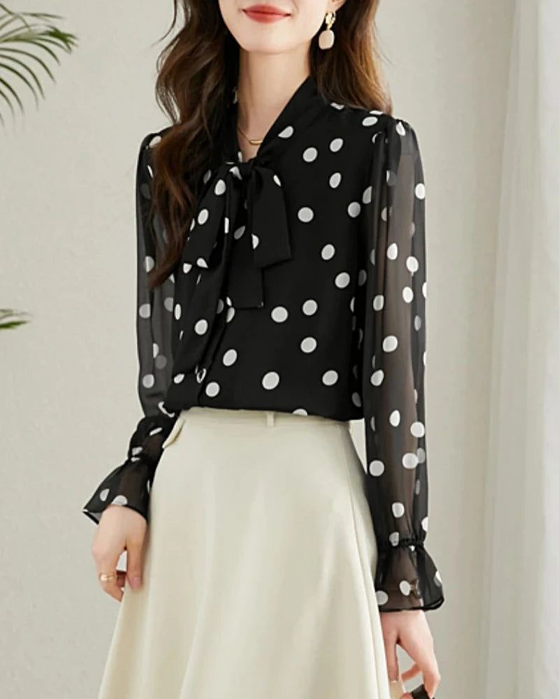 Elegant Polka Dot Silk Blouse with Ruffles - Women's Fashion Blouse for Office, Party & Special Occasions
