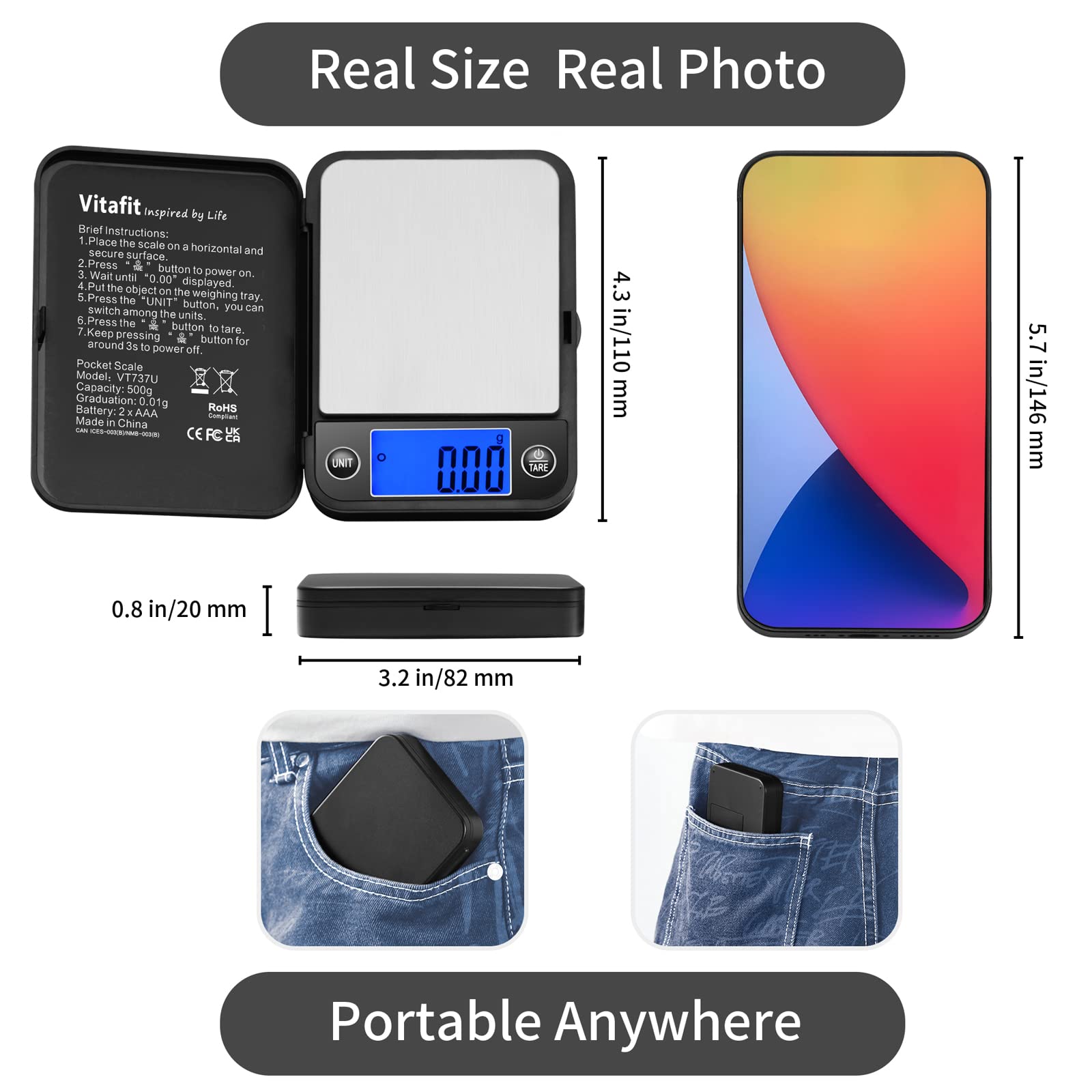 Vitafit Digital Body Weight Scale - High Precision Bathroom Scale with LCD Display & Pocket Scale for Kitchen, Jewelry, and Travel - Perfect for Home, Gym, and On-the-Go Use