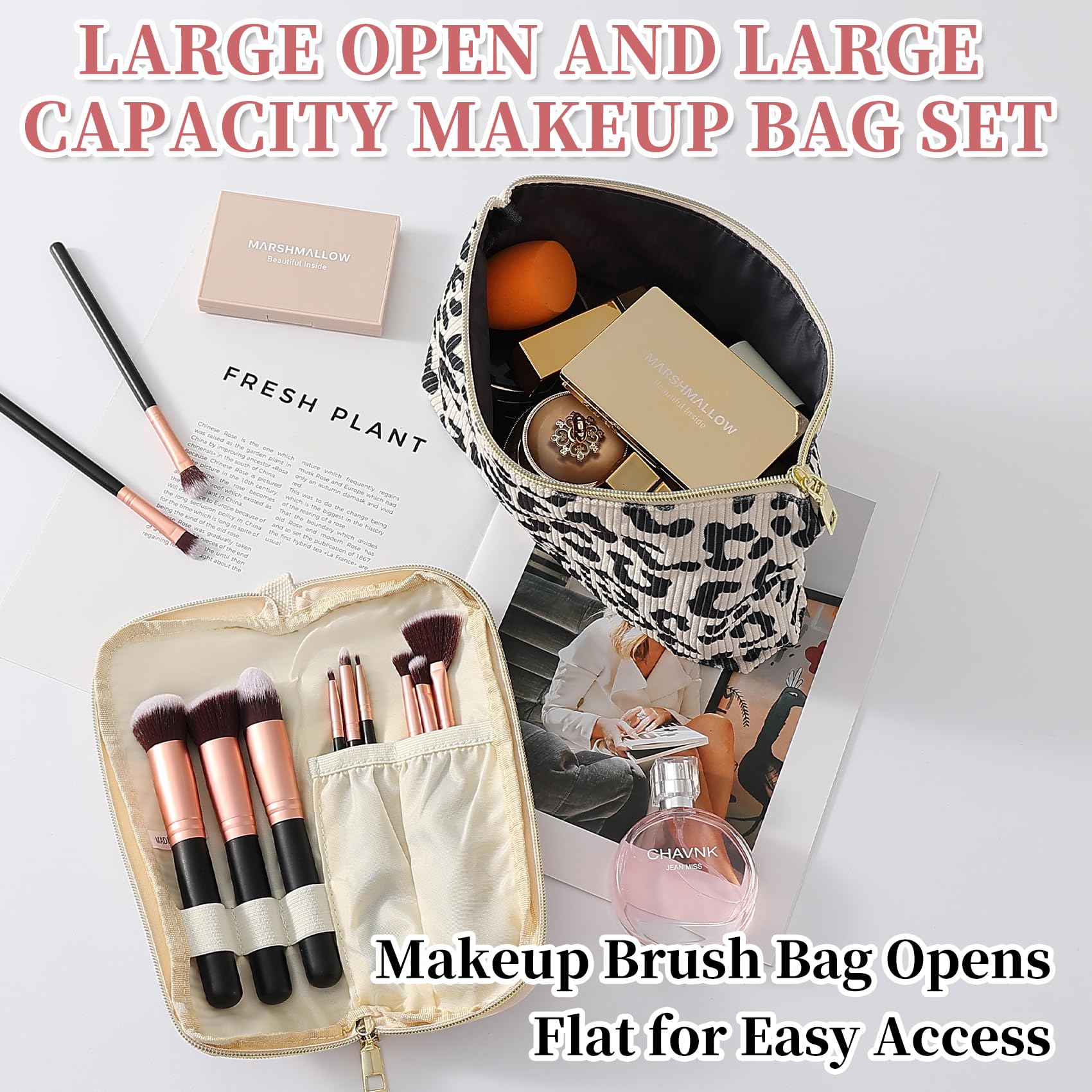 2Pcs Leopard Print Makeup Bag Set - Cute Corduroy Cosmetic Organizer & Travel Toiletry Pouch for Women Girls | Perfect for Travel, School, Gym & Car Essentials Storage | Waterproof Zippered Beauty Accessories (Leopard Pattern)