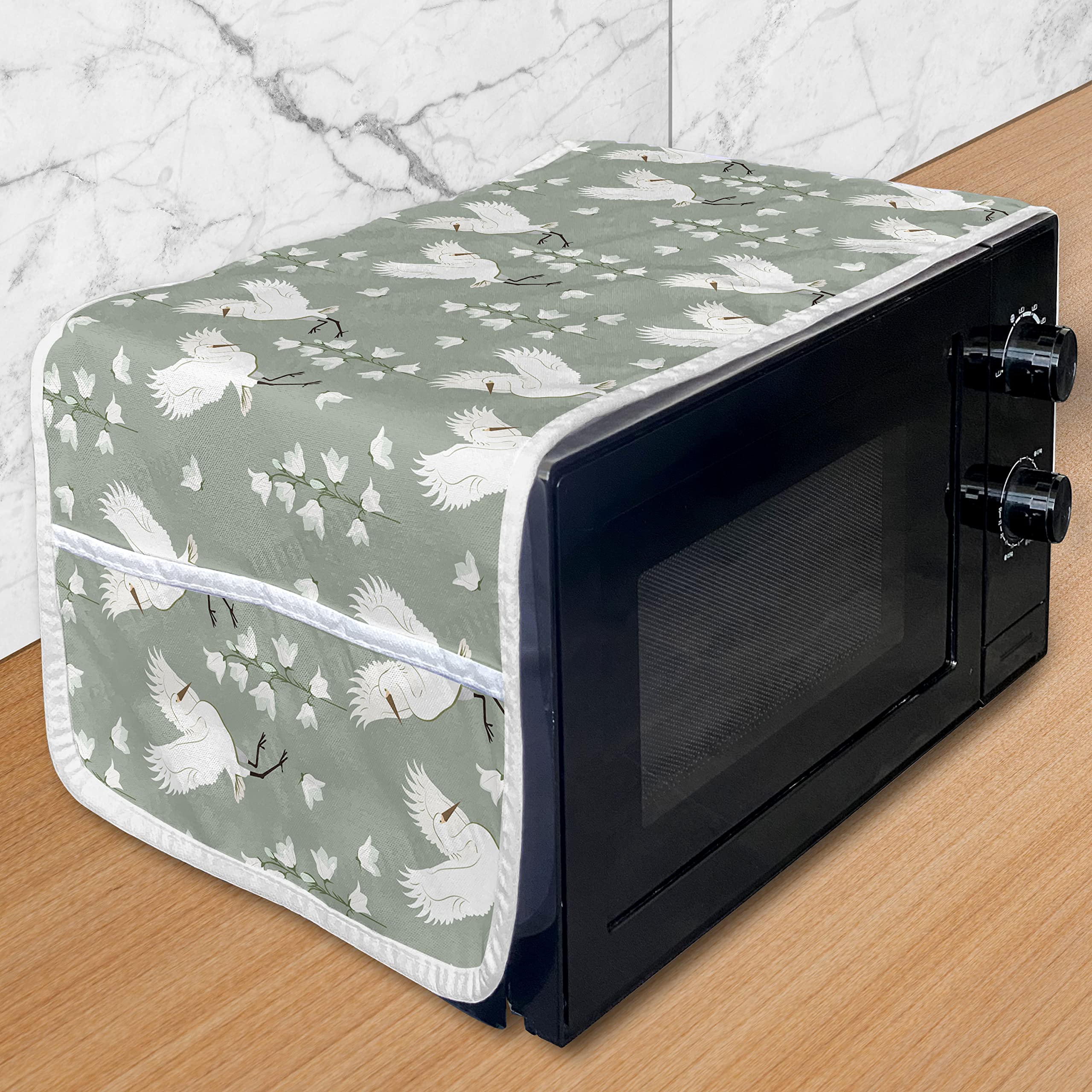 Ambesonne Ethnic Microwave Cover - White Cranes Floral Design, Waterproof Kitchen Organizer with Pockets, 36