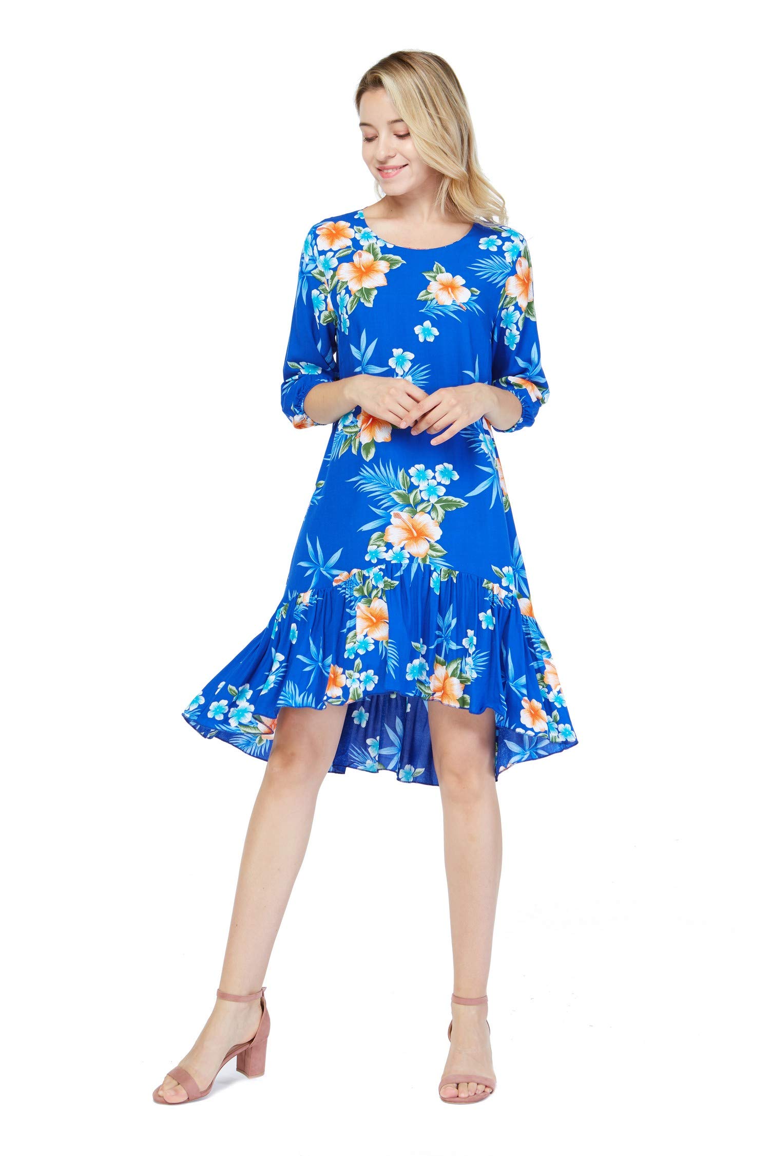 Hawaiian Couple Matching Luau Shirts & 3/4 Sleeve Ruffle Dress Set - Tropical Hibiscus Blue Print for Beach Party, Vacation, Summer Date Night