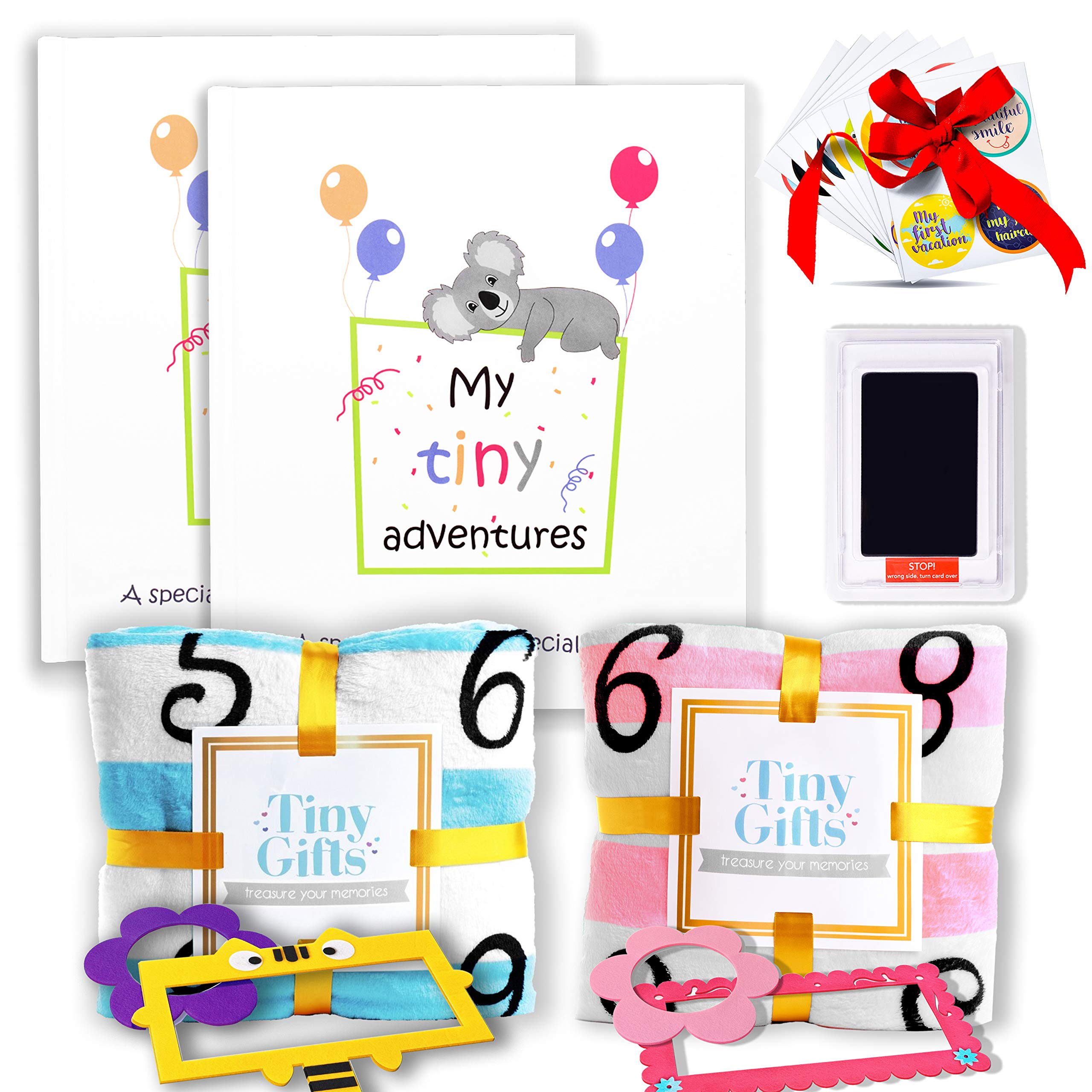 2pcs Baby Memory Book & Clean Touch Ink Pad Set with 28 Monthly Milestone Stickers + Blue/Pink Blanket - Newborn Keepsake Gift for Mom by Tiny Gifts | Perfect for Baby's First Year, Photo Shoots & Milestone Tracking