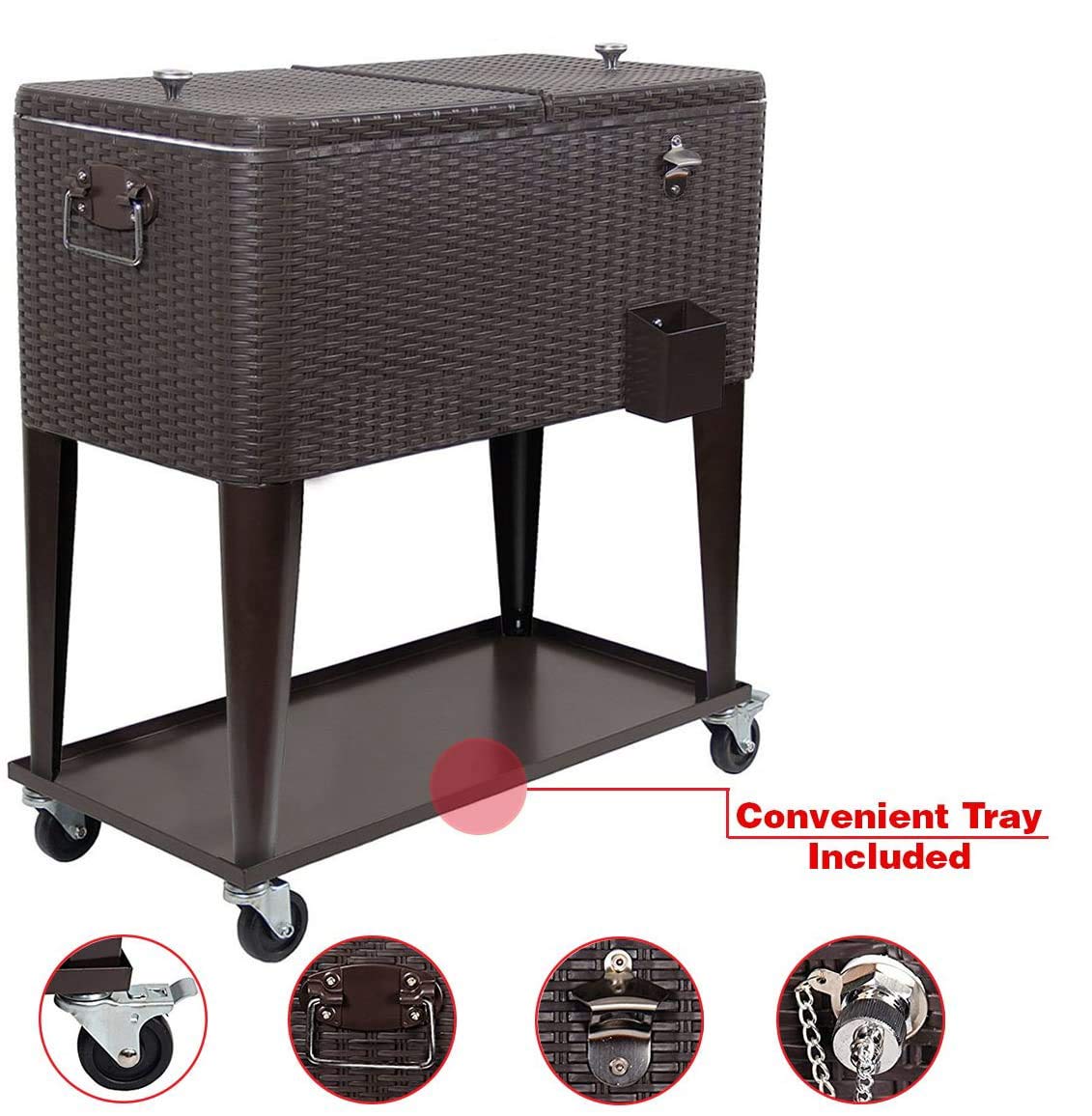 80 Quart Rolling Cooler with Wheels - Portable Ice Chest for Drinks & Beverages | Heavy Duty Party Cooler Cart for Backyard, Pool, Tailgating & Outdoor Events | Includes Shelf & Bottle Opener