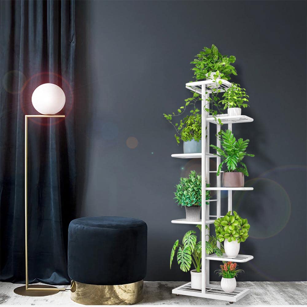 7 Tier Metal Plant Stand for Indoor Outdoor Use - Sturdy Flower Pot Display Shelf for Garden, Patio, Balcony & Home Decor - White Planter Rack for Potted Plants, Herbs & Succulents