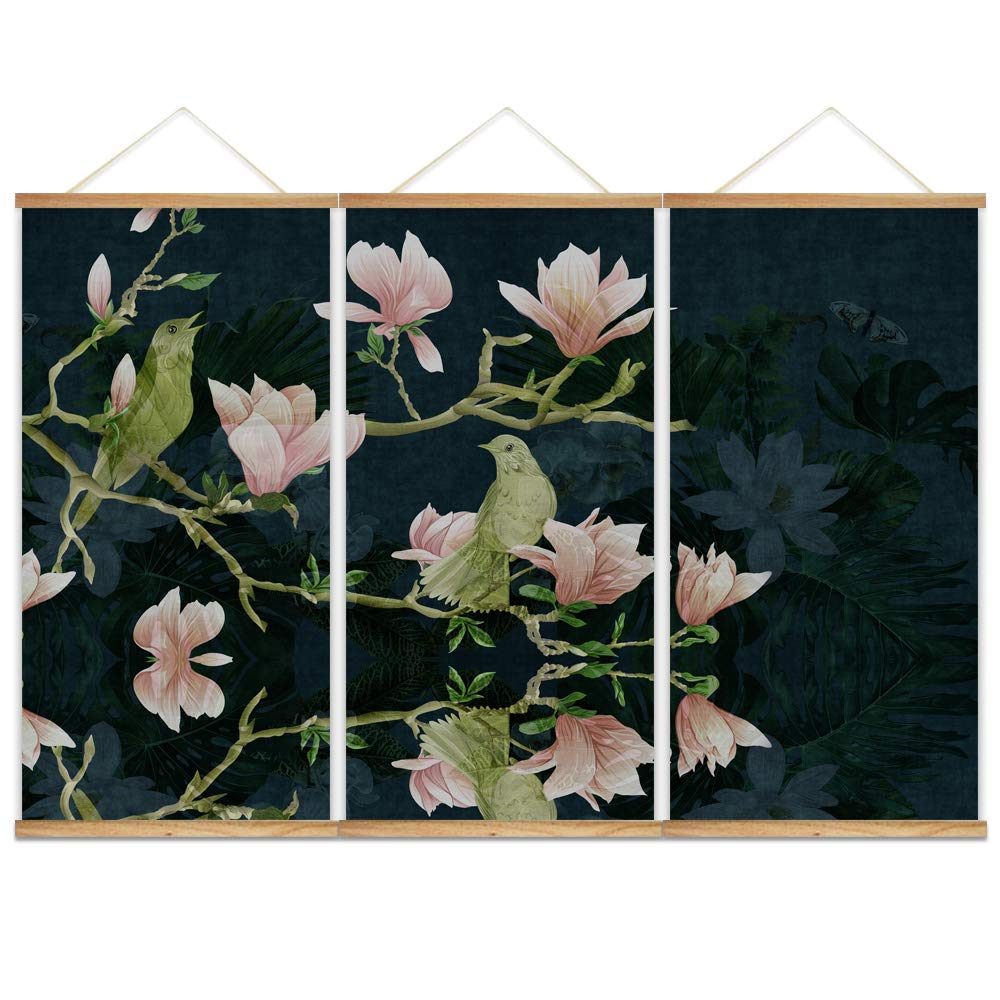 IDEA4WALL Magnetic Wooden Framed Wall Art - 3 Panel Green Leaves & Flowers Poster Print 18x36 Inches - Ready to Hang Home Decor for Living Room, Bedroom & Office