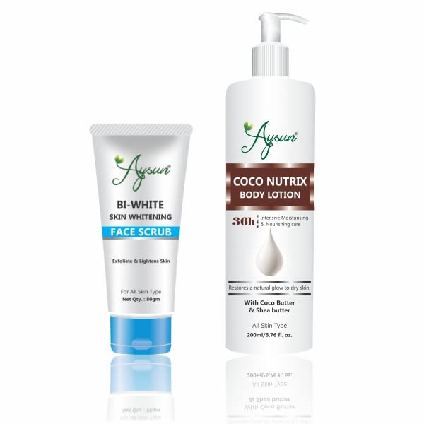 Aysun 2-Pack Skin Whitening Face Scrub & Coconut Body Lotion Set - 200ml Each | Brightening Skincare Combo for Glowing Face & Hydrated Body | Perfect for Daily Beauty Routine & Spa Day at Home