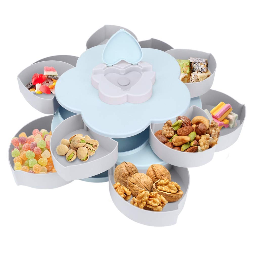 Double Deck Rotating Snack Tray - Serving Platter for Candy, Dried Fruits, Nuts | Petal Design Snack Storage Dish for Home, Picnic, Camping & Parties (Blue)
