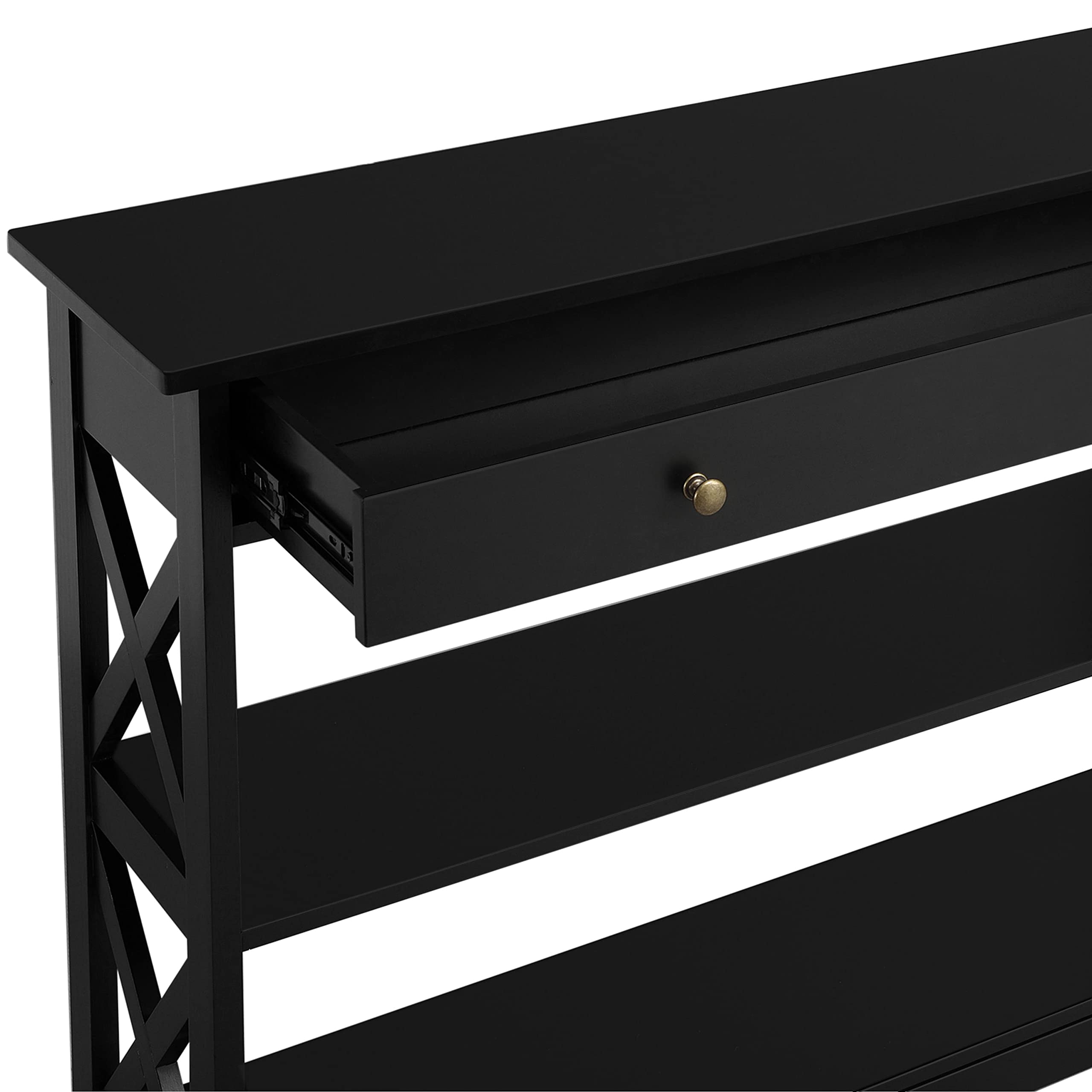Topeakmart Narrow Console Table with 1 Drawer & 2 Open Shelves - X-Shaped Design Sofa Side Table for Entryway, Living Room, Bedroom - Black Accent Furniture for Small Spaces & Home Decor