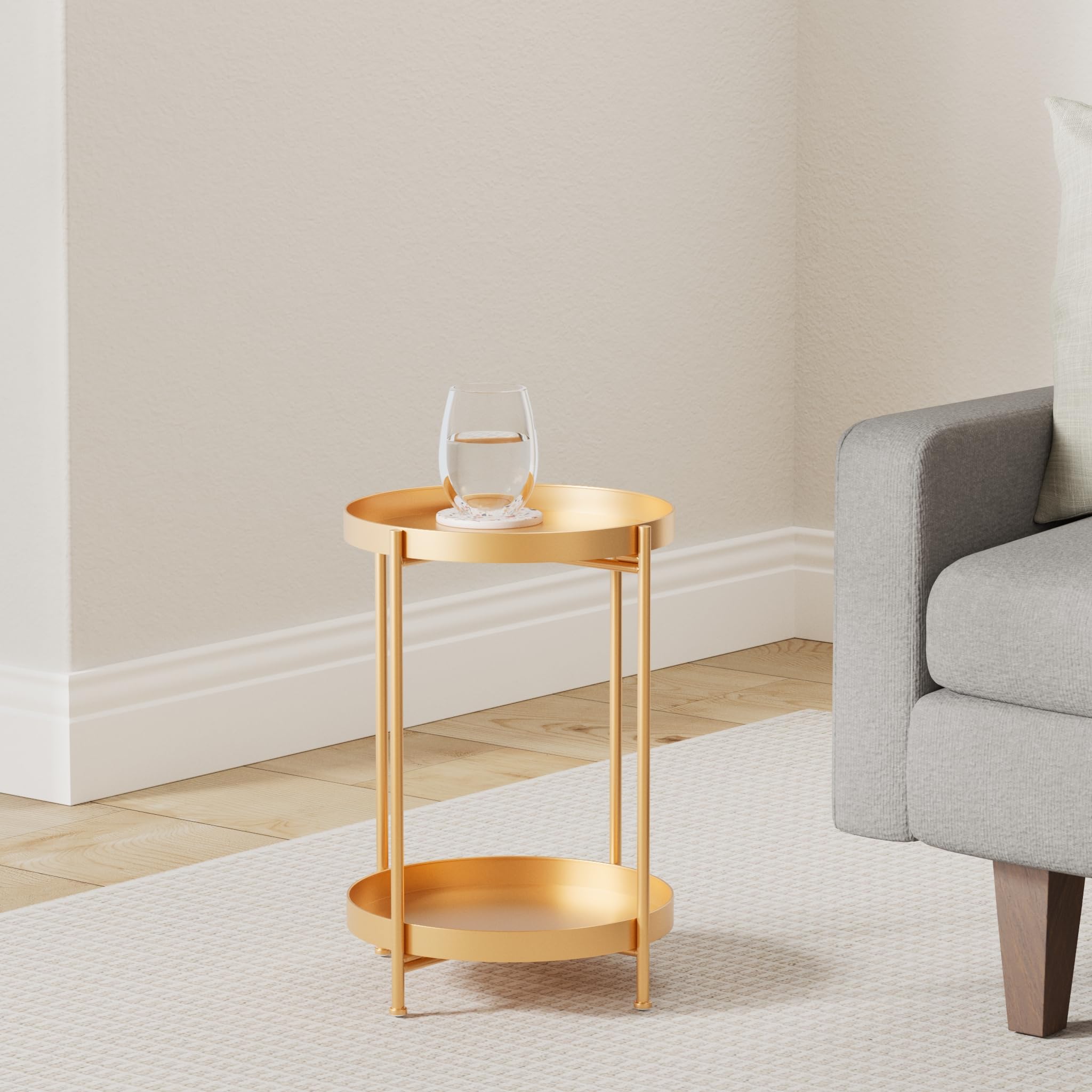 2-Tier Round Folding Side Table with Removable Tray - Gold Metal End Table for Living Room, Bedroom, Patio - Perfect for Coffee, Snacks, Books (15.7