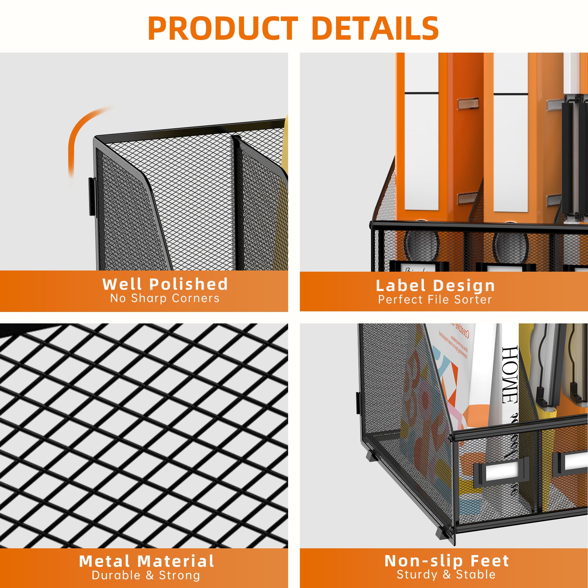 DALTACK 4-Compartment Metal Mesh Magazine File Holder | Vertical Desk Organizer for Paper, Letter, Mail, Binder & Book Storage - Black | Perfect for Office, Home & School Organization