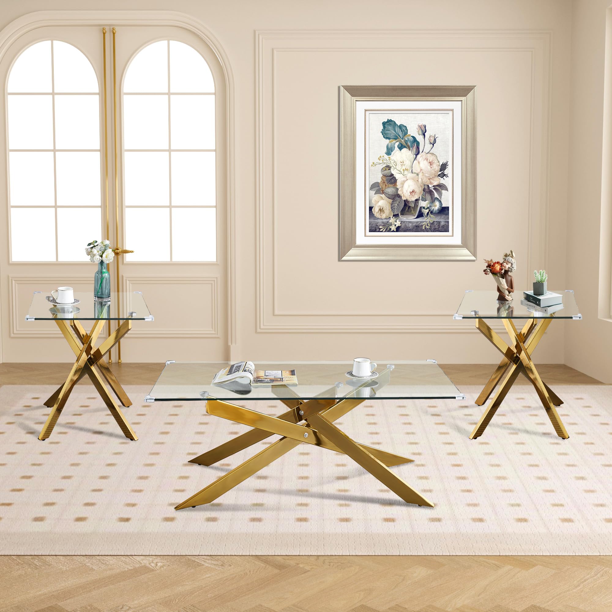 Gold Glass Coffee Table and End Table Set of 3 - Modern 3-Piece Living Room Table Set with Tempered Glass & Geometric Gold Metal Legs for Bedroom, Home Office - Perfect for Small Spaces, Apartments and Contemporary Decor