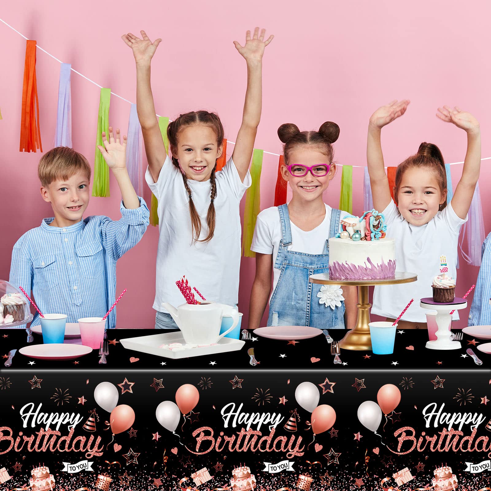 Breling 3 Pack Rose Gold & Black Happy Birthday Tablecloths - 54 x 108 Inch Starry Confetti Table Covers for Kids & Adults Party Decorations - Perfect for Birthday Celebrations, Baby Showers & Holiday Events