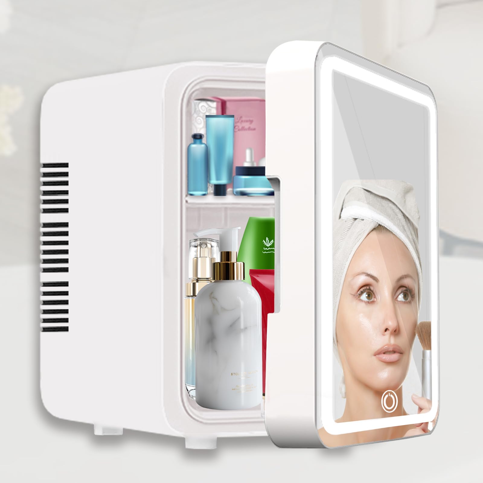 Mini Skincare Fridge with Dimmable LED Mirror - 4L/6 Can Portable Cooler & Warmer for Makeup, Cosmetics, Food & Drinks - Perfect for Bedroom, Office, Car & Dorm - Compact White Refrigerator for Beauty Storage & Snack Preservation