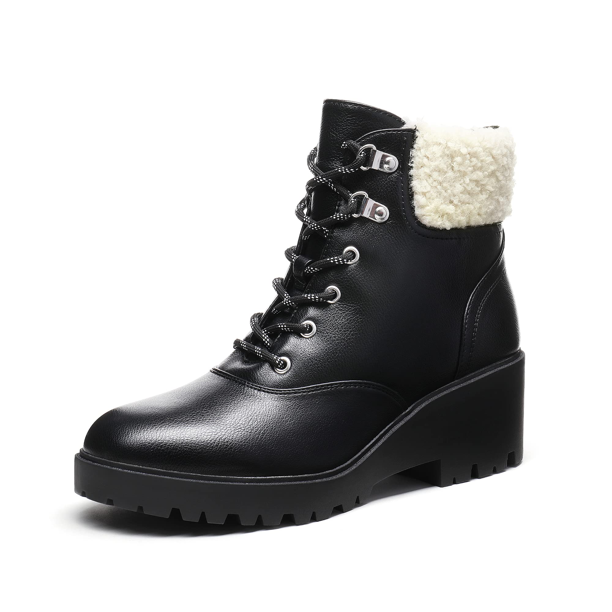 DREAM PAIRS Women's White & Black Platform Combat Boots - Low Wedge Heel Ankle Booties with Lace-Up Design | Perfect for Casual Outfits, Street Style & Winter Fashion