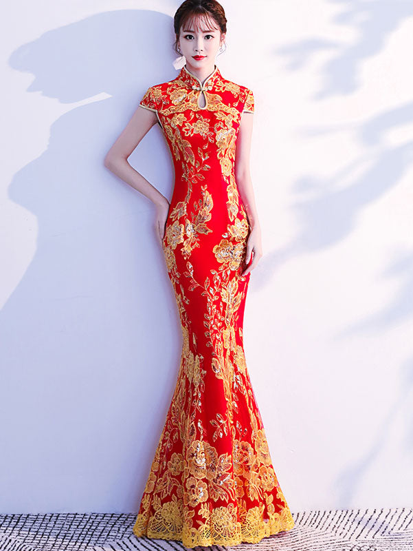 Elegant Red and Blue Sequin Floral Fishtail Qipao Cheongsam Wedding Dress for Brides - Perfect for Chinese Themed Weddings, Photoshoots & Special Occasions