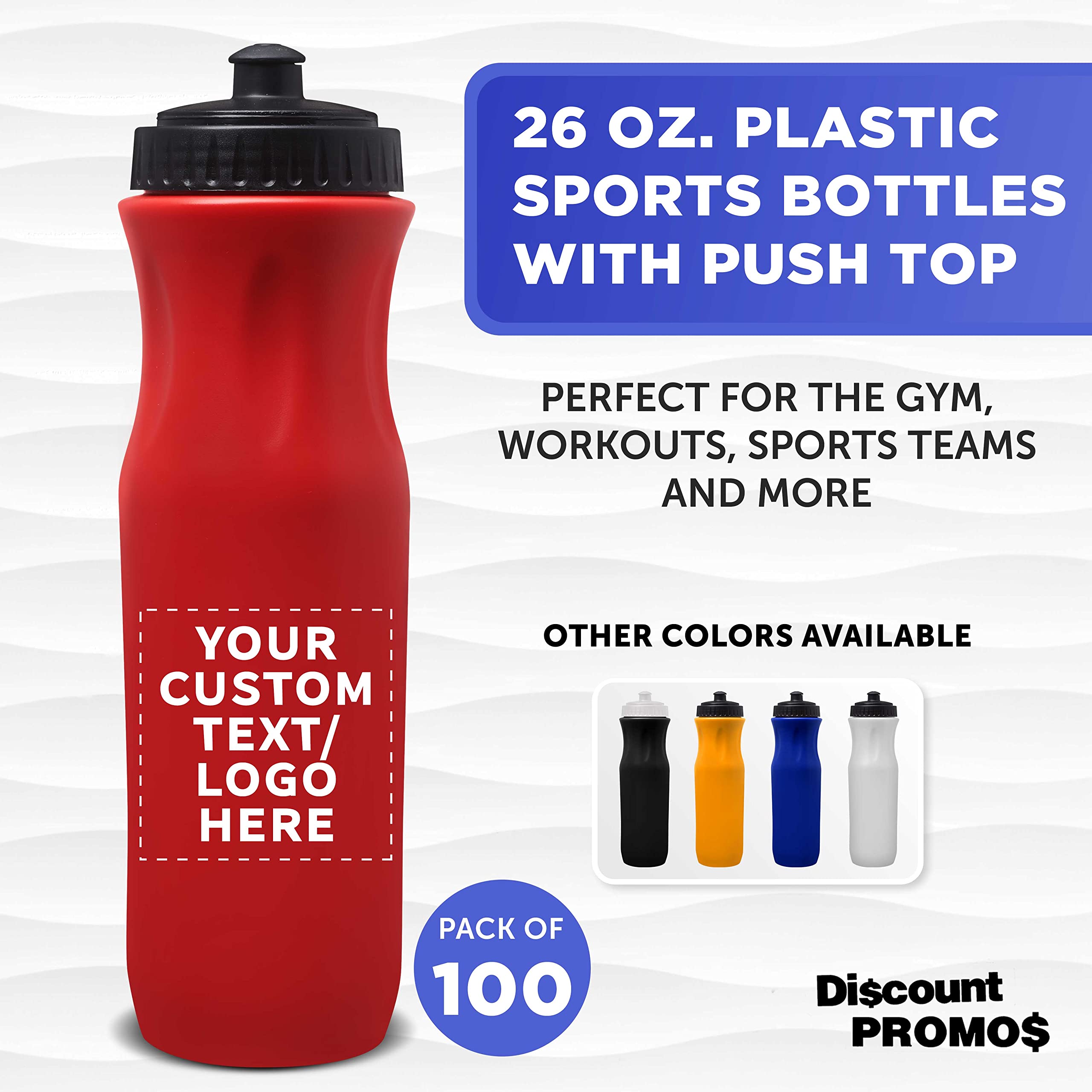 100 Pack 26 oz Plastic Water Bottles with Black Push Top Lid - Custom Text & Logo Printing - Bulk Reusable Water Bottles for Sports, Gym, School, and Outdoor Activities - Red