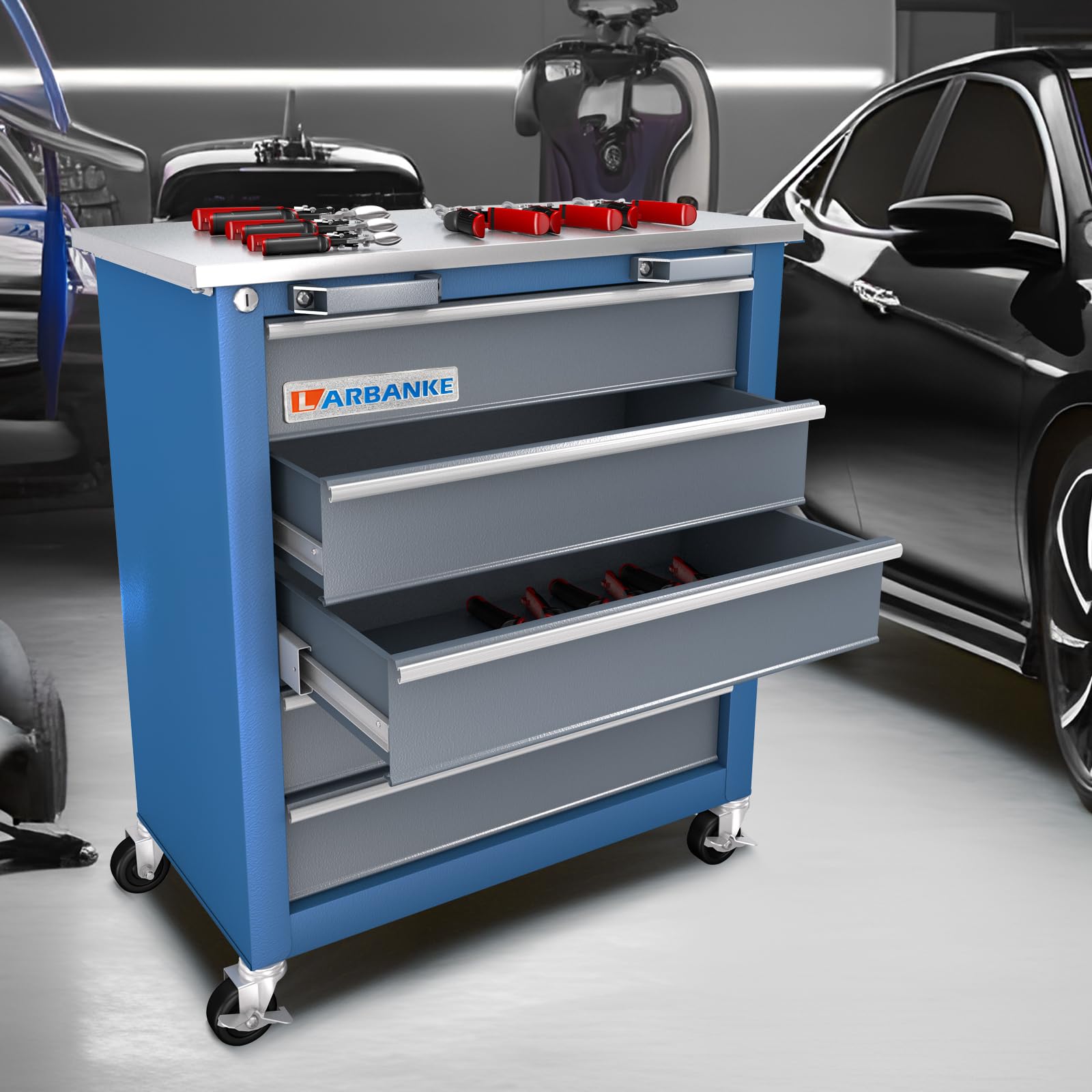5-Drawer Rolling Tool Chest with Locking Mechanism - Heavy Duty Metal Tool Cabinet with Non-Slip Drawer Liners, Pearl Cotton Mats & 360° Swivel Wheels for Easy Mobility | Perfect for Garage Organization, Auto Repair Shops & DIY Workshops | Compatible with 7-Drawer Tool Cabinet Systems