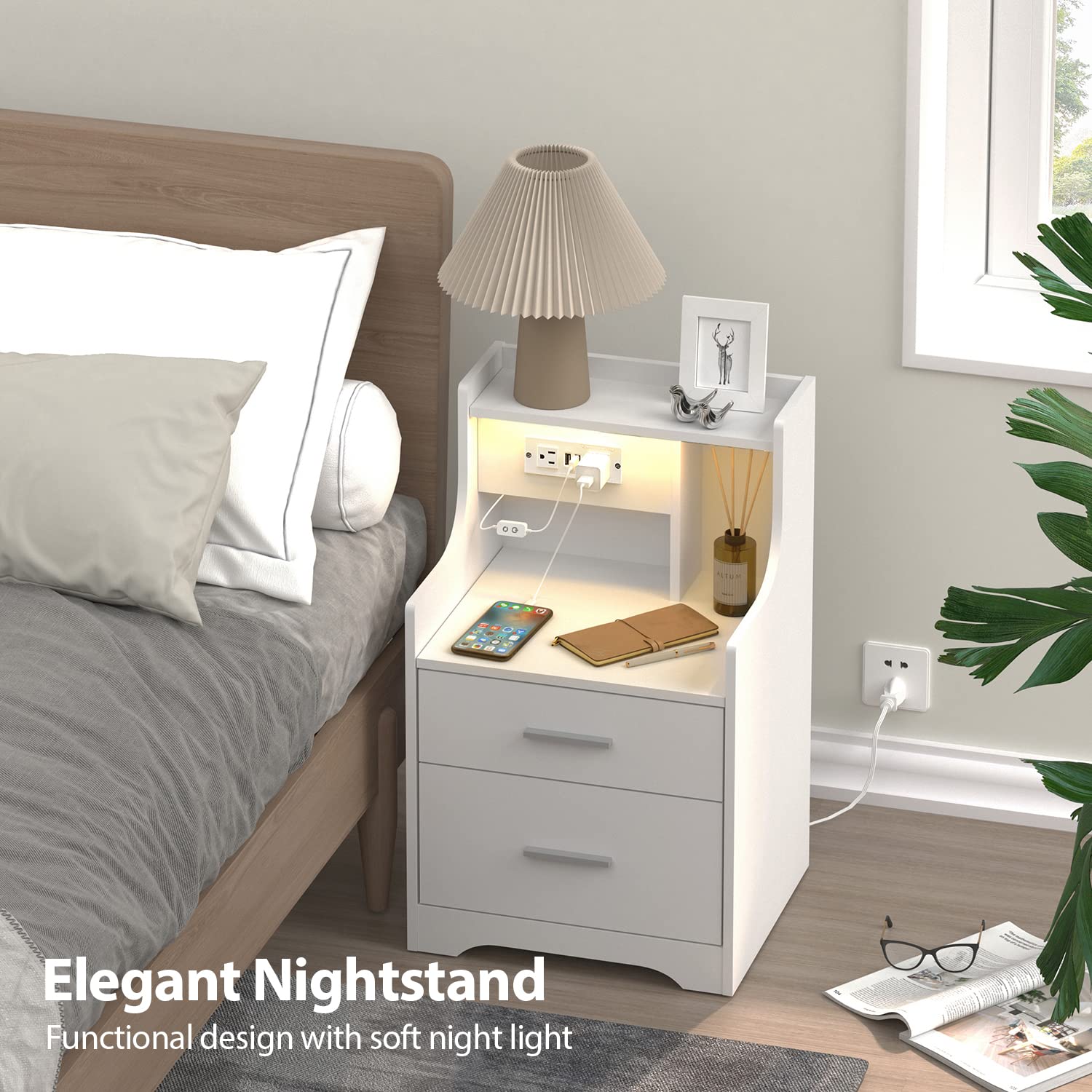 White Nightstand with Charging Station & LED Lights - 2 Drawers Bedside Table for Kids Bedroom & Living Room - Perfect for Toddlers' Bedside Storage