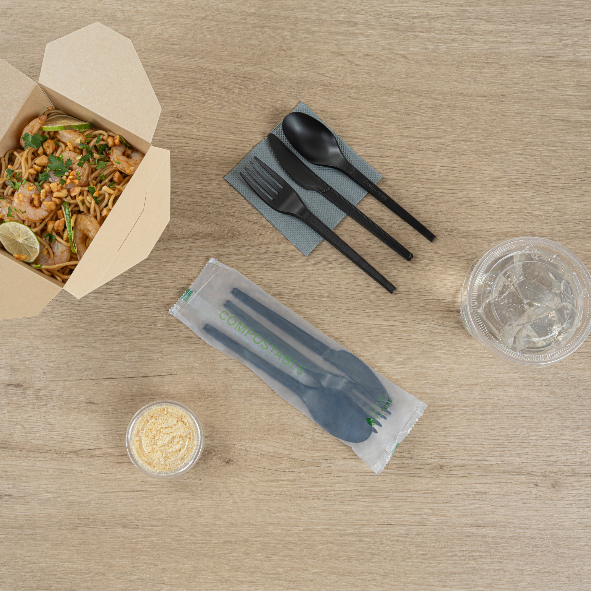 Eco-Friendly Black CPLA Plastic Cutlery Set - 100-Piece Compostable Cutlery with Heat-Resistant Wrapper (6.5