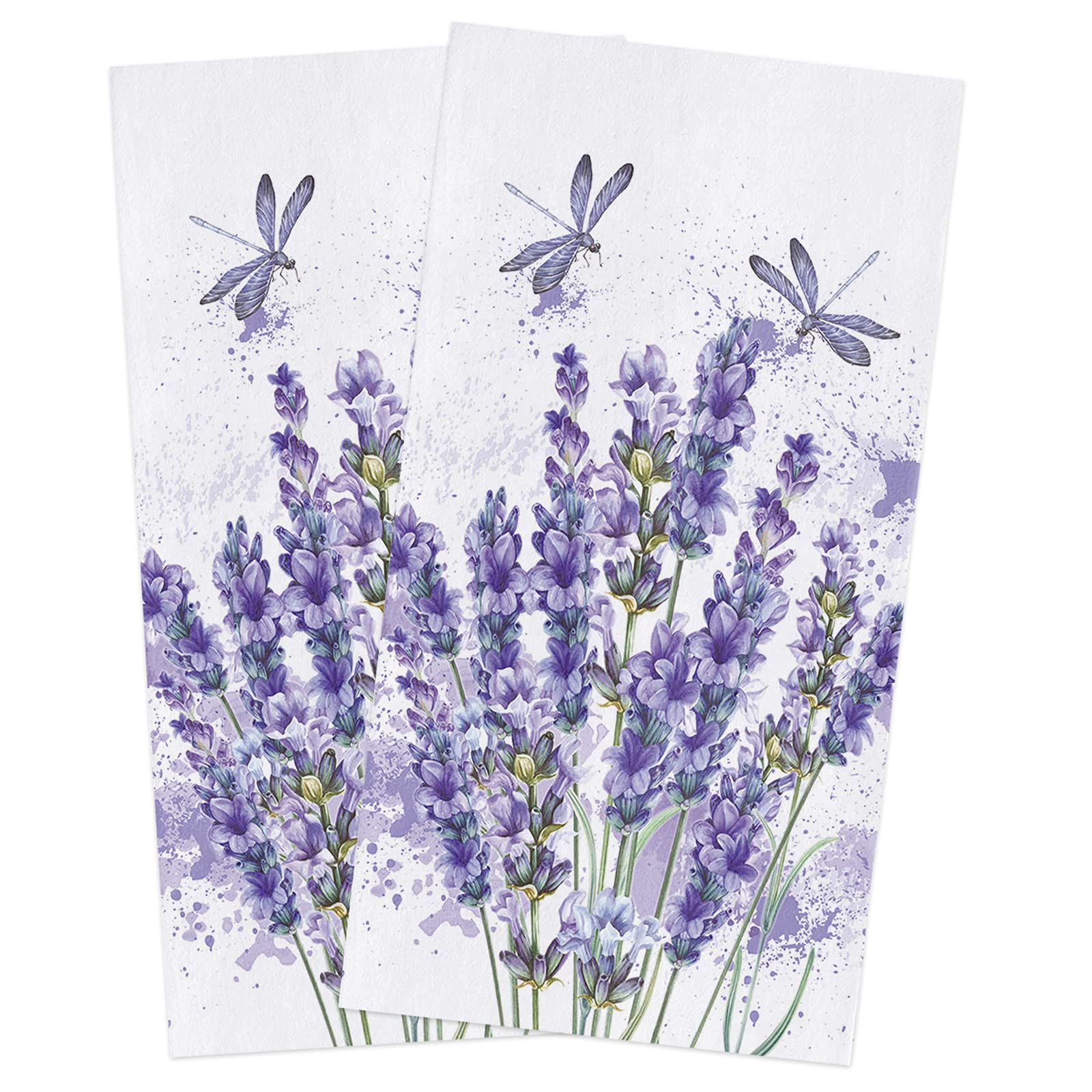 Lavender Dragonfly Flower Kitchen Dish Towels Set of 2 - Soft Lightweight Microfiber Absorbent Hand Towels (18x28 inches) for Kitchen, Bathroom & Dining - Perfect for Drying Dishes, Cleaning Countertops & Decorating
