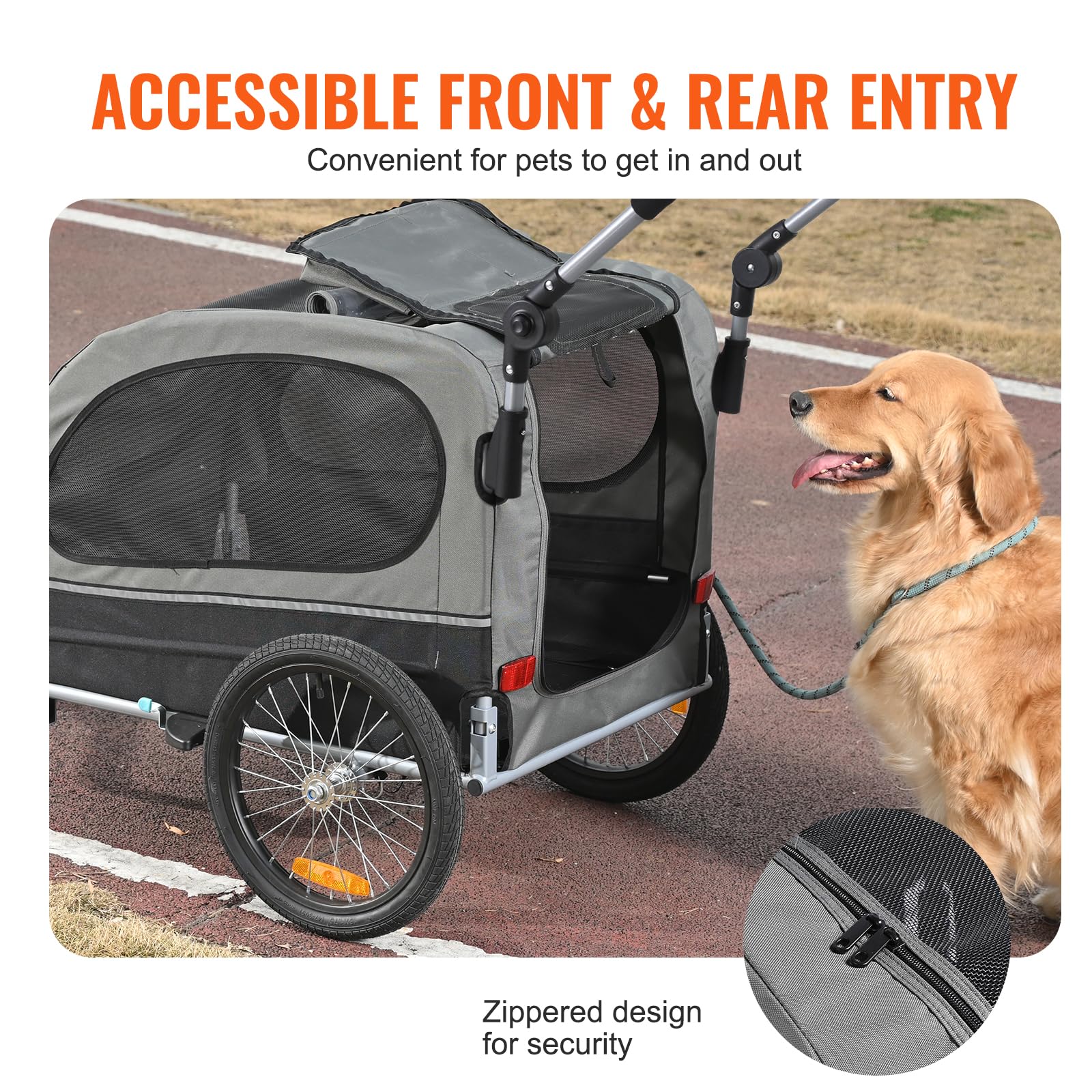 VEVOR 2-in-1 Dog Bike Trailer & Pet Stroller - Heavy Duty 88 lbs Capacity Bicycle Carrier for Large Dogs - Foldable Frame with Quick Release Wheels, Universal Coupler, Safety Reflectors & Flag (Black/Gray) - Perfect for Cycling Adventures, Park Visits & Outdoor Activities with Your Pet