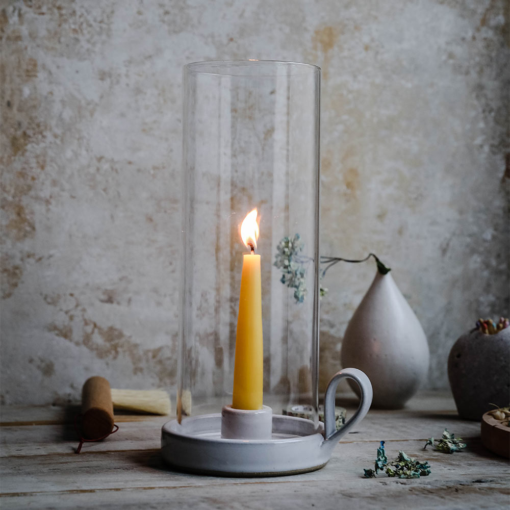 Handmade Stoneware Hurricane Candle Holder with Rustic Handle - Perfect for Farmhouse Decor, Wedding Centerpieces & Outdoor Dining Ambiance