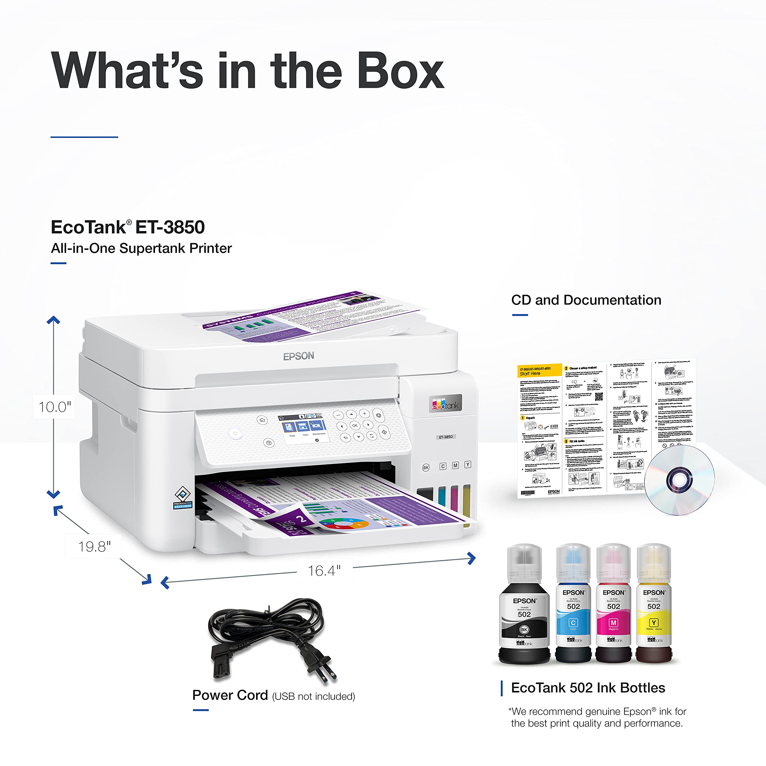 Epson EcoTank ET-3850 Wireless Color All-in-One Supertank Printer with Scanner, Copier, ADF & Ethernet - Cartridge-Free Printing, White (Renewed) - Perfect for Home Office, Small Business & Remote Work Printing Needs