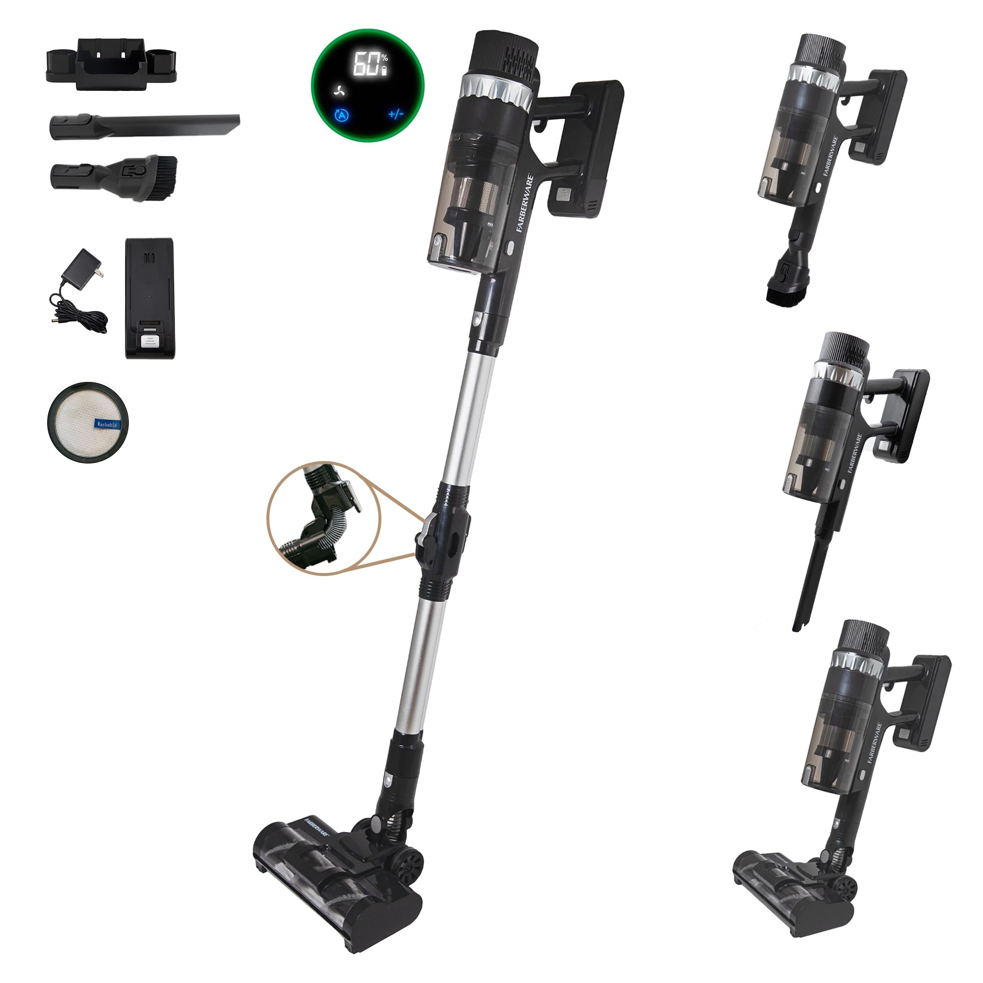 Farberware Cordless Stick Vacuum Cleaner with Smart Sensor Technology - Lightweight, Bendable & Handheld for Pet Hair - Perfect for Carpet, Hard Floors, Stairs & Car Cleaning