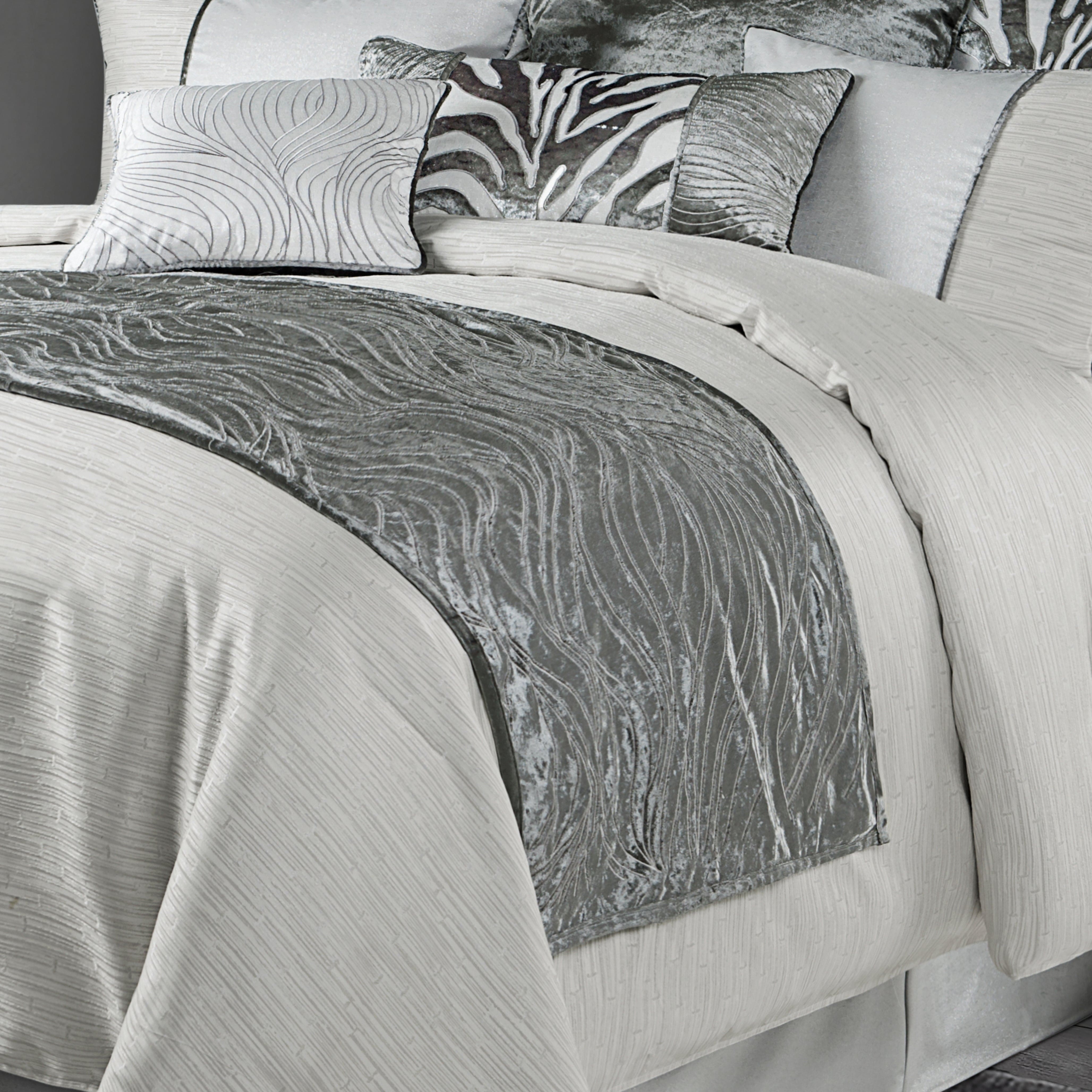 Celeste Silver Velvet & Wave Embroidered Bed Runner - Luxury Queen Size Bed Scarf for Home Decor, Wedding, and Hotel Styling