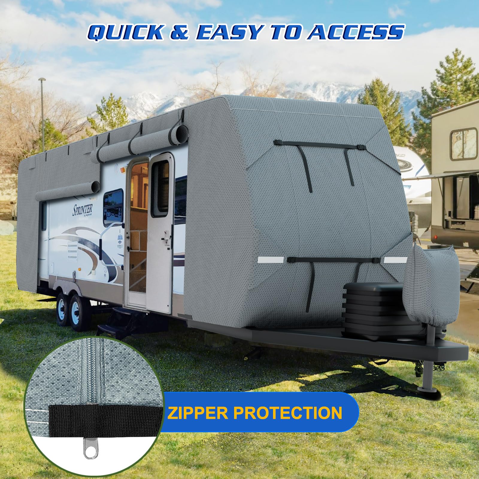 24'-27' Heavy Duty RV Travel Trailer Cover - 7+3 Layer Windproof Waterproof Camper Cover with Anti-UV Protection for Winter Snow | Includes Repair Patches, 2 Extra Straps & 4 Tire Covers | Perfect for Outdoor Storage, Camping & Extreme Weather Protection