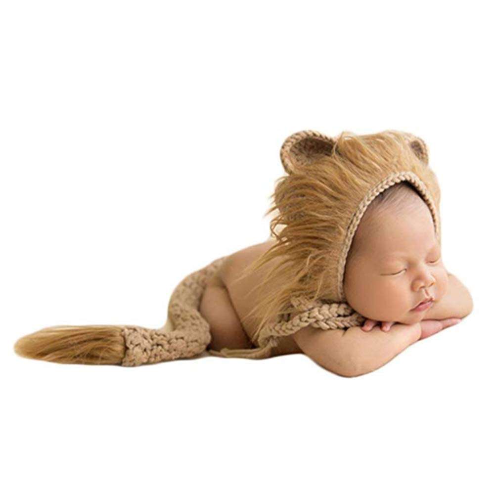 Crochet Lion Hat and Tail Set for Newborn Baby Photography Props - Cute Knitted Costume for Infant Boy & Girl Photo Shoots - Perfect for Birthday, Halloween and Themed Parties