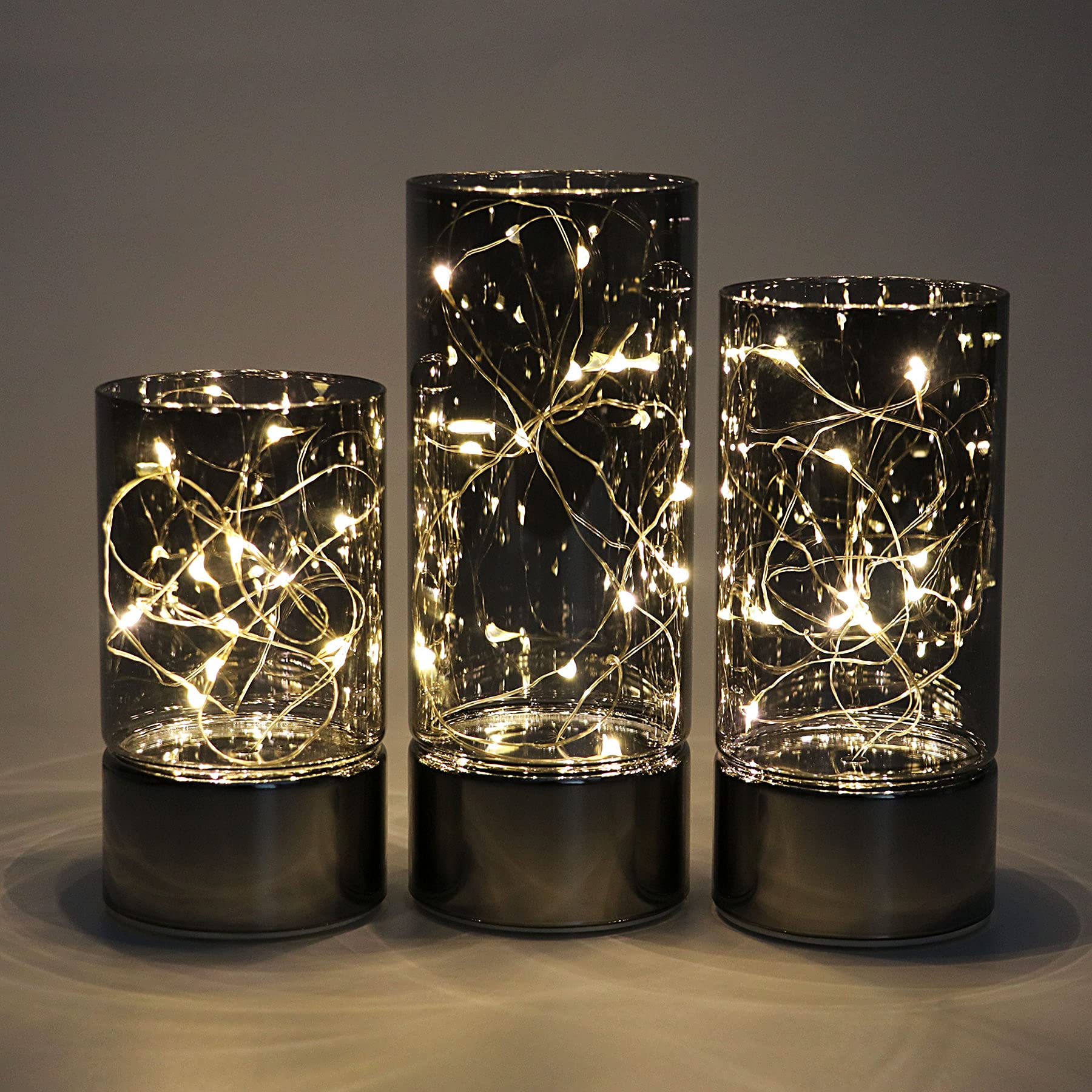 Rhytsing Set of 3 Glass Cylinder Lanterns with Fairy Lights - Decorative Flameless Candle Table Lamp with Timer Function - Perfect for Home Decor, Wedding Centerpieces, and Outdoor Patio Lighting