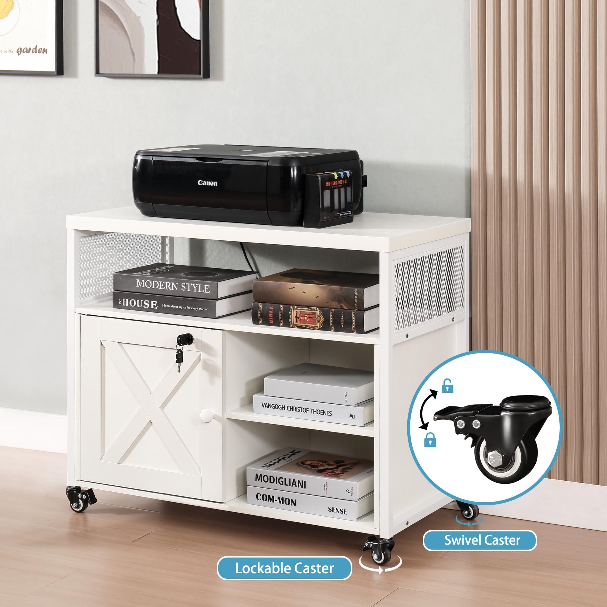 FUSUNBAO White Farmhouse Printer Stand with Storage - Rolling Printer Cabinet with Shelves, USB Charge Station, Locking Wheels & File Drawer - Home Office Storage Organizer for Printer, Scanner & Supplies (Perfect for Small Spaces & Workspaces)