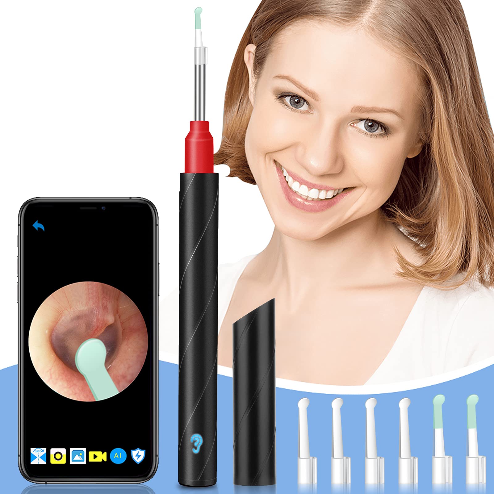 Urbesty HD Wireless Otoscope - Earwax Removal Tool with 3.5mm WiFi Ear Camera, Light & Ear Spoons | Visual Ear Cleaning Kit for Safe Ear Hygiene at Home or Clinic