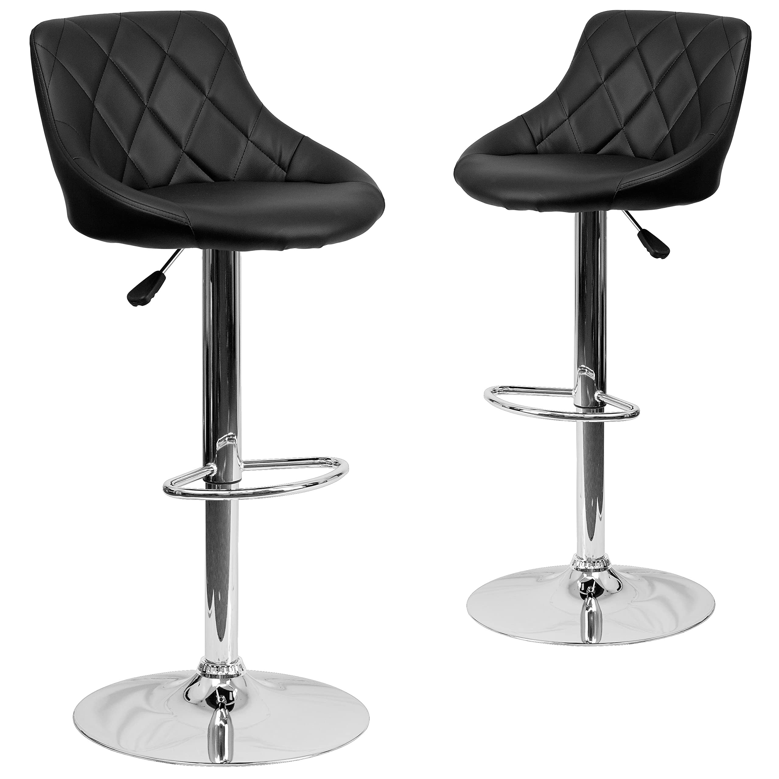 Flash Furniture Caldwell 2-Pack Adjustable Height Bar Stools - Contemporary Black Vinyl Bucket Seats with Diamond Pattern Back & Chrome Base - Perfect for Kitchen Islands, Home Bars & Counter Dining