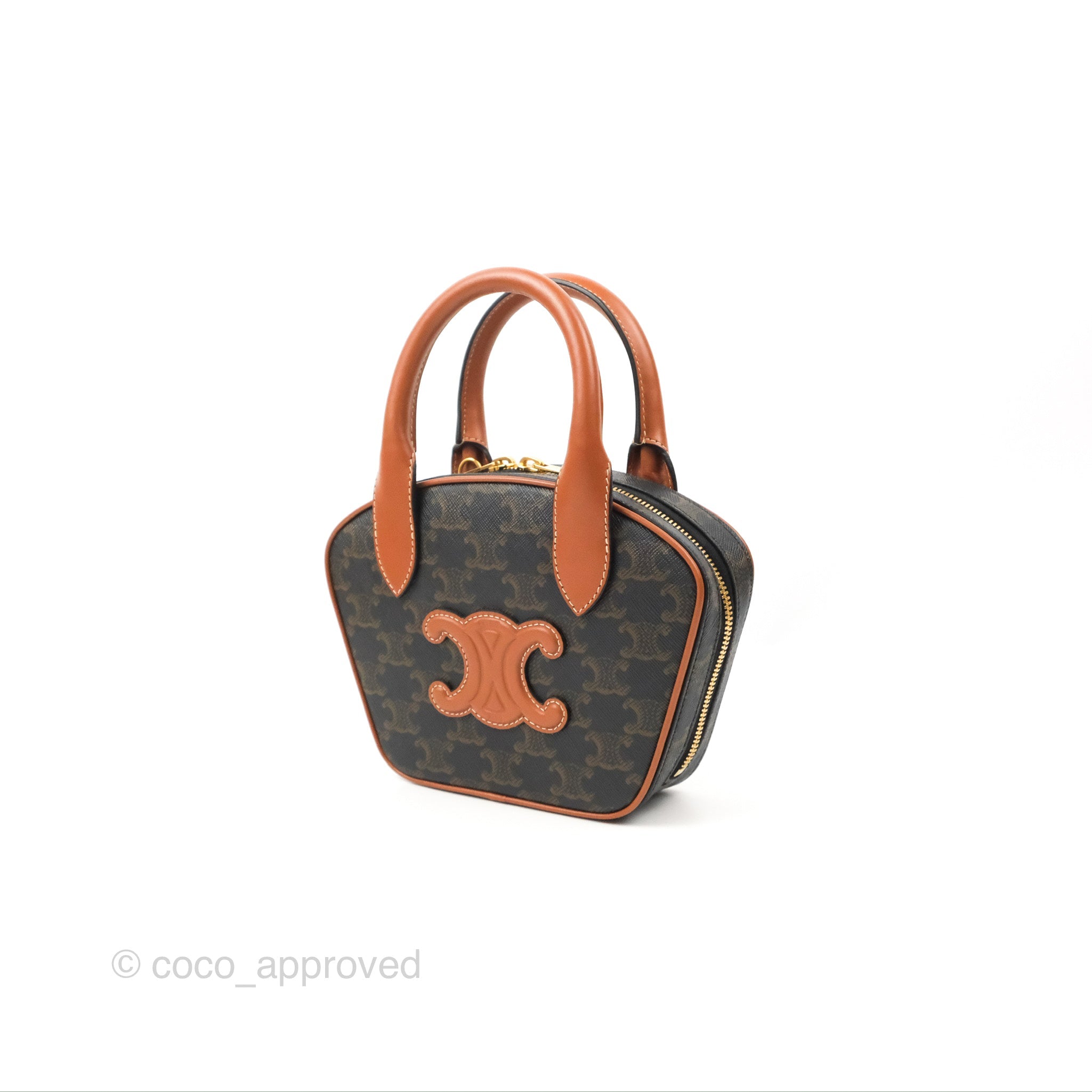 Celine Mini Bowling Bag in Triomphe Canvas & Tan Calfskin - Luxury Crossbody Purse for Women, Perfect for Date Night & Evening Events