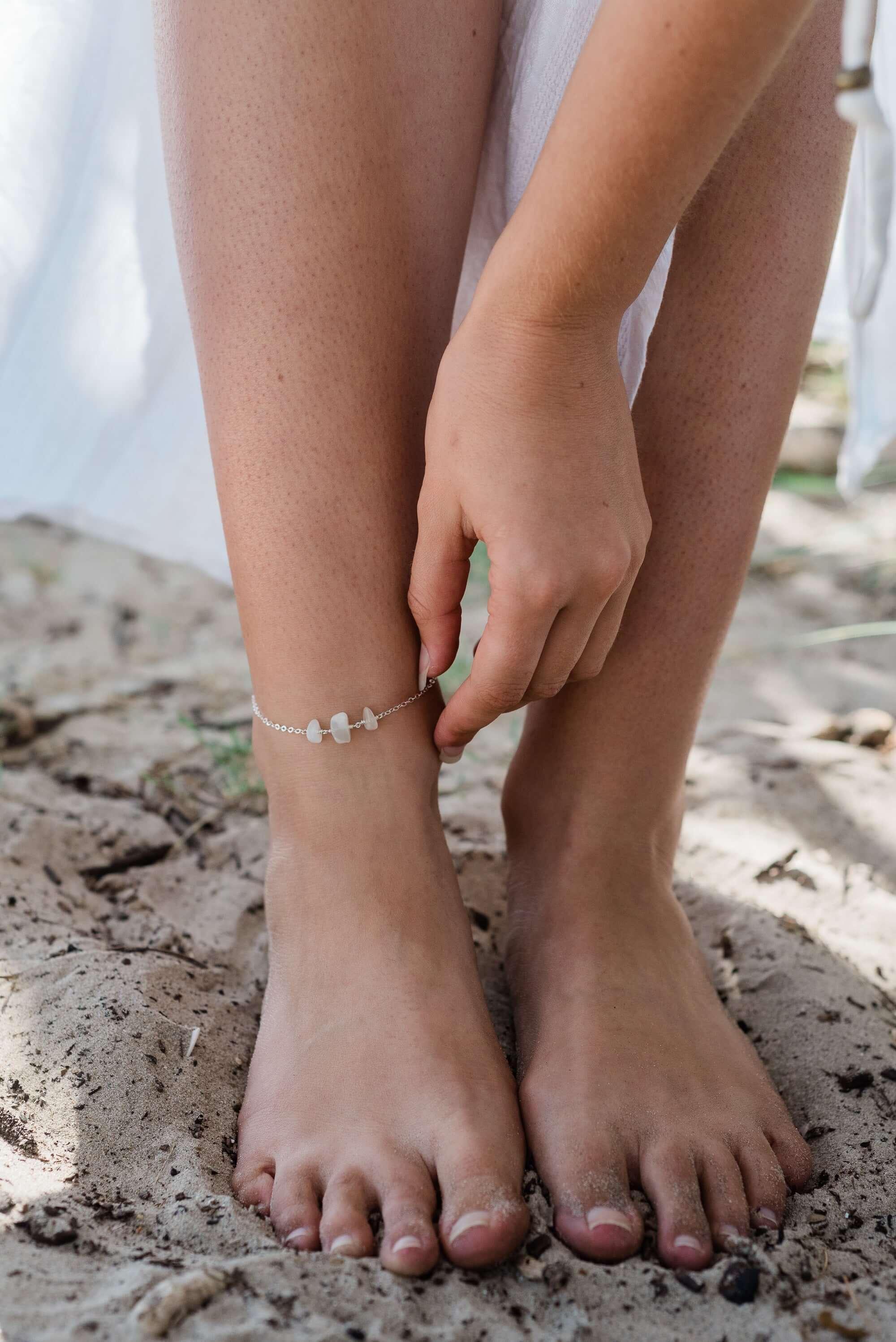Elegant White Moonstone Beaded Chain Anklet – Dainty Adjustable Ankle Bracelet for Women | Perfect for Beach, Boho Fashion & Summer Outfits