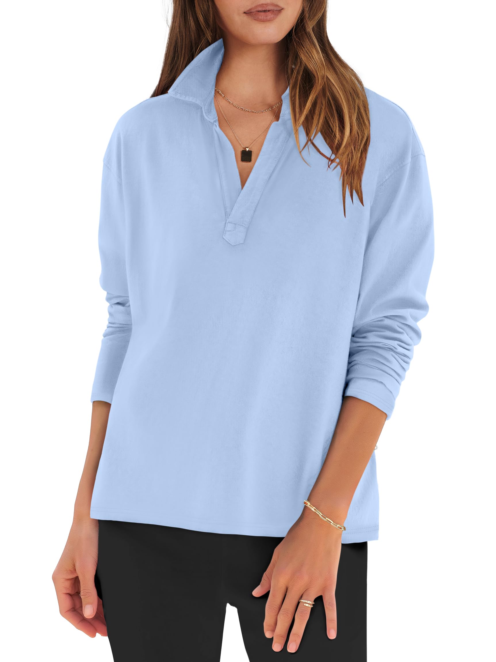 ANRABESS Women's Long Sleeve Polo Shirt - V Neck Collared Casual Blouse, Boxy Fit Work Top for Spring Outfits | Office Wear, Business Casual, Everyday Fashion