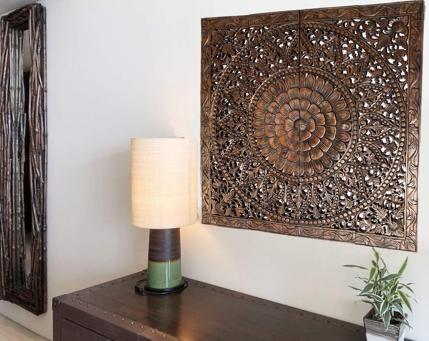 Large Bali Tropical Wood Carved Wall Headboard Panel - Floral Wood Wall Hanging Decor 48