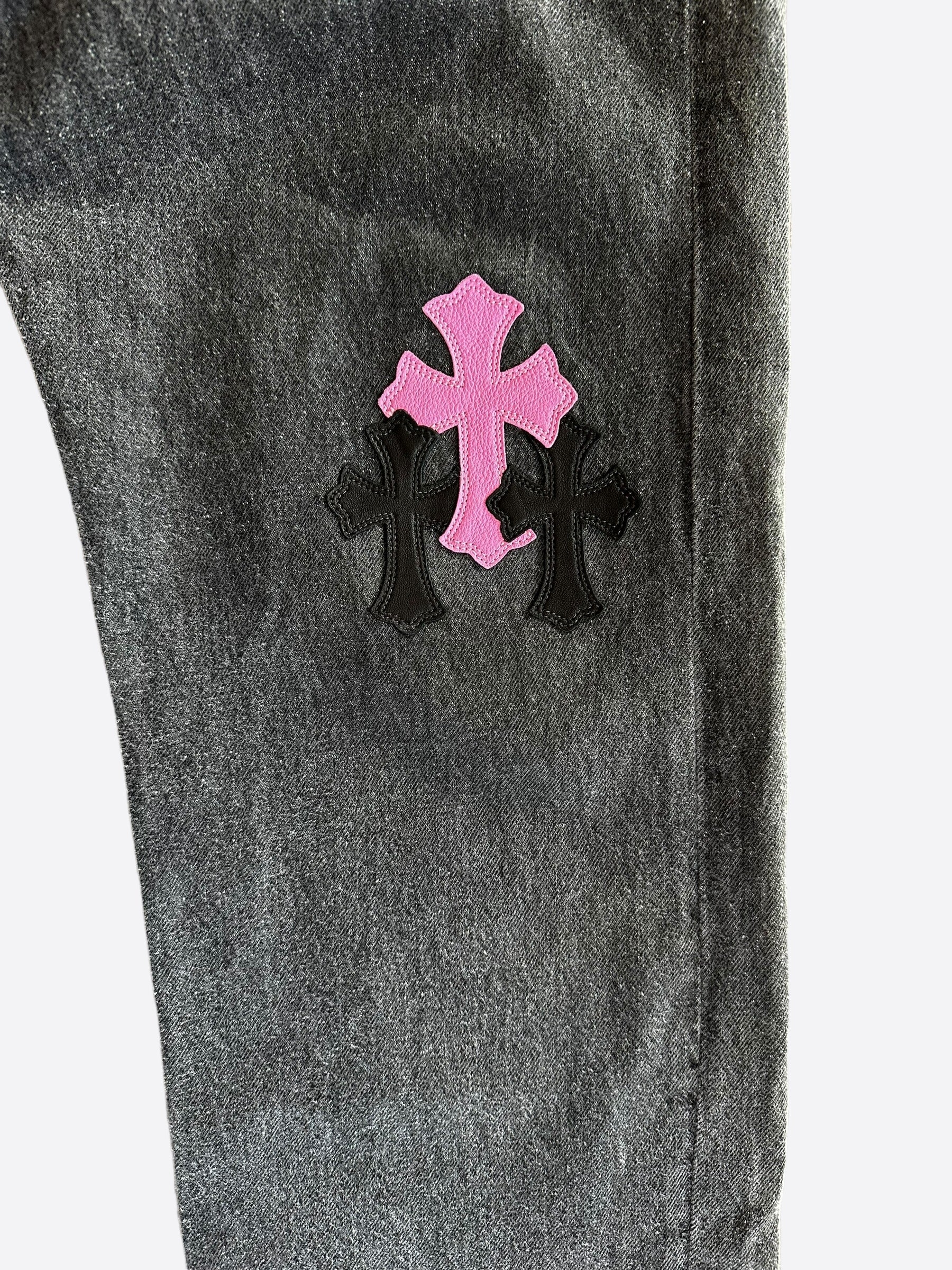 Chrome Hearts x Levi's Grey & Pink Hong Kong Patch Distressed Jeans for Men & Women | Vintage Denim Pants with Unique Embroidery - Perfect for Streetwear & Casual Outfits