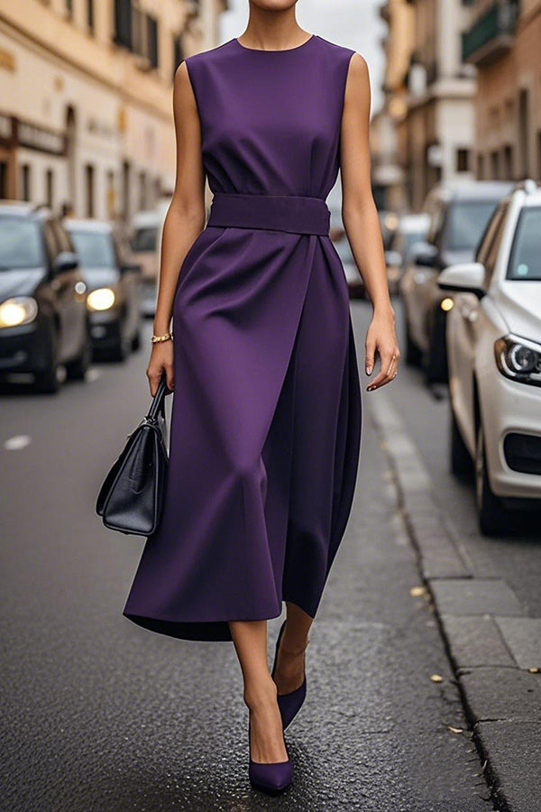 Solid Color Sleeveless Round Neck Casual Midi Dress for Women - Summer Beach Wear, Party Outfit & Everyday Fashion