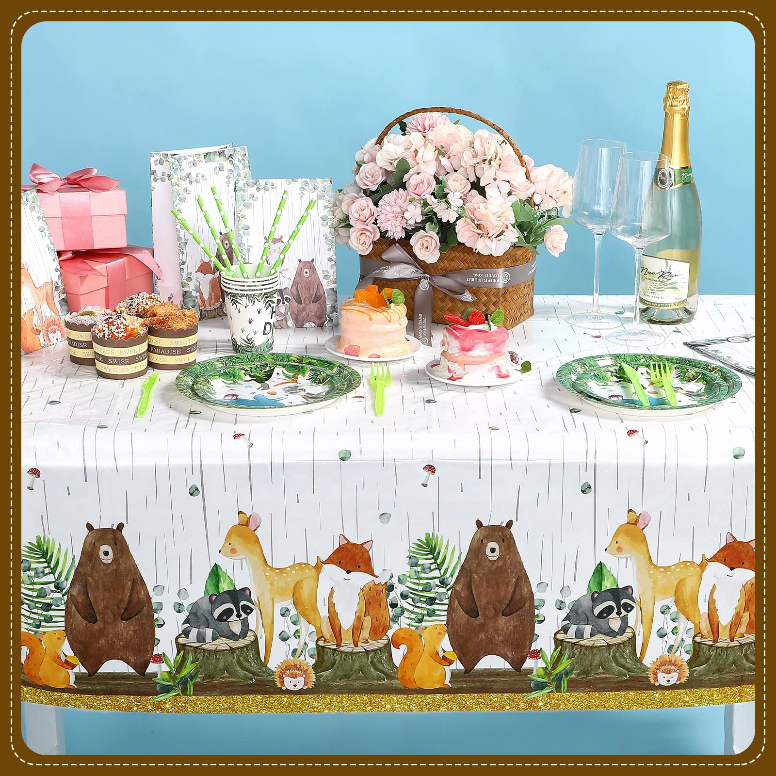 Dianelhall 3-Piece Woodland Tablecloth Set - Forest Animals Baby Shower Decorations, Cute Woodland Theme Table Covers for Boys Baby Shower Party, Birthday, Nursery Decor & Outdoor Picnic