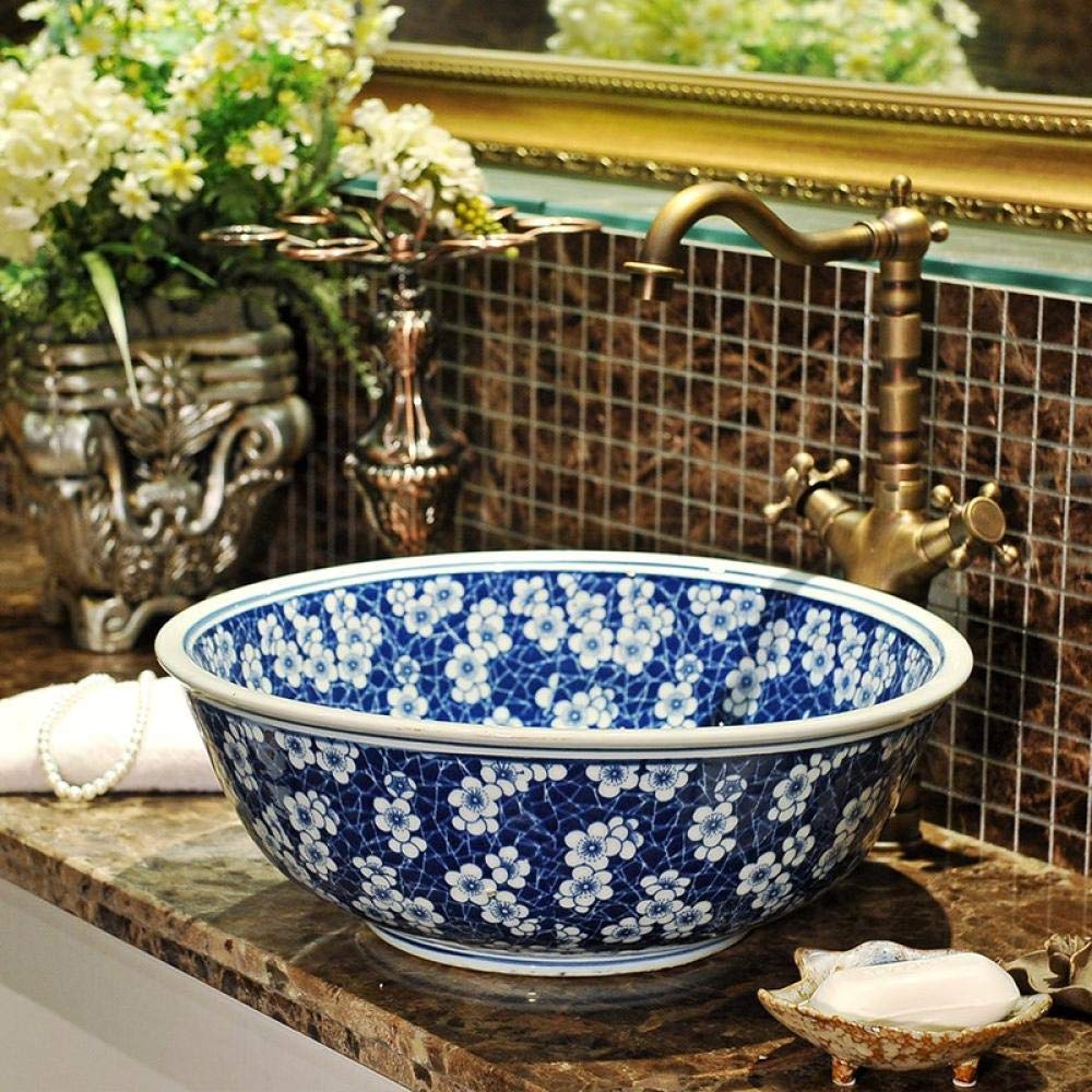 LEFEDA Handmade Ceramic Vessel Sink - Blue and White Art Basin for Bathroom Vanity, Countertop Wash Basin | Perfect for Modern, Farmhouse & Luxury Bathroom Decor