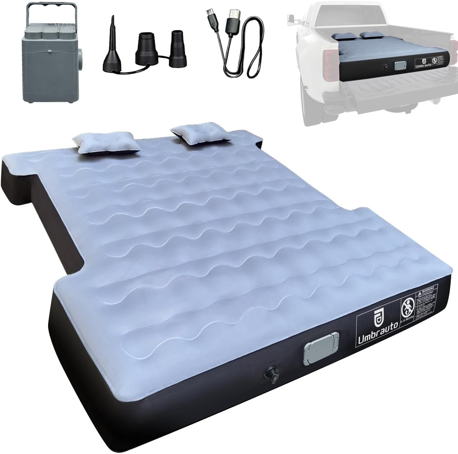 Umbrauto Truck Bed Air Mattress for 6-6.5ft Full Size Short Beds - Rechargeable Built-in Air Pump - Inflatable Pickup Truck Mattress for Camping & Road Trips