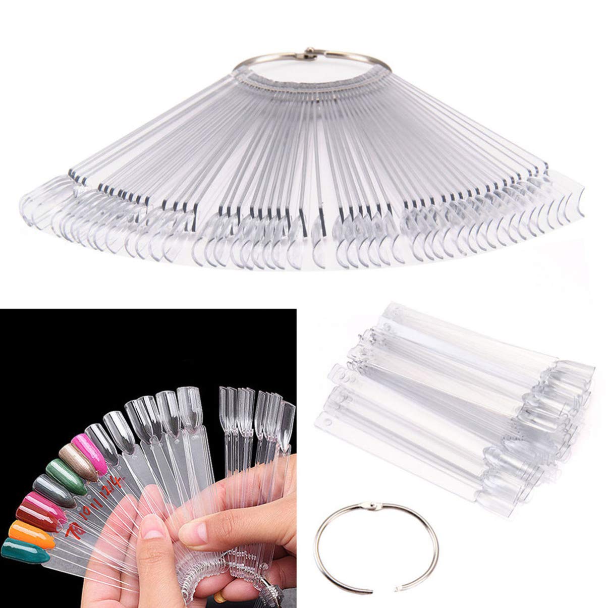 50pcs Clear Fan-Shaped False Nail Tips - Minkissy Nail Art Display Stand with Metal Ring for Salon & Practice | Perfect for Nail Polish Showcase, Manicure Training & Retail Display